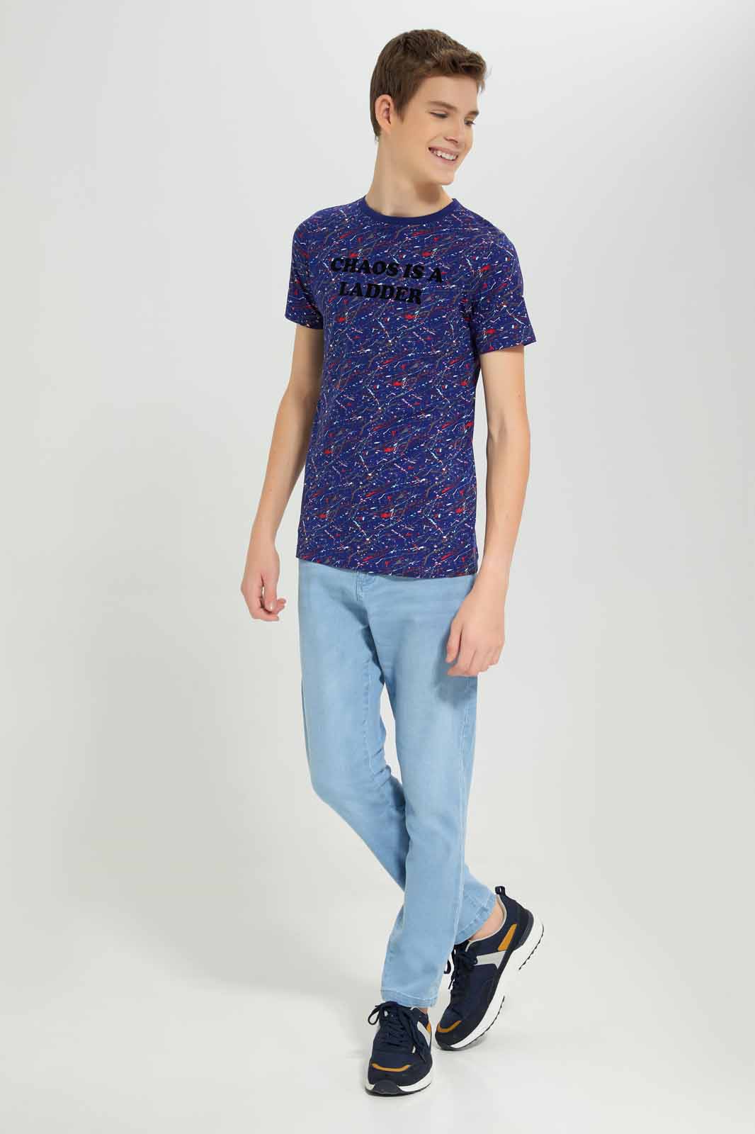 Redtag-Navy-Choas-Is-A-Ladder-Splatter-AOP-Tee-BSR-T-Shirts,-Category:T-Shirts,-Colour:Navy,-Deals:New-In,-Dept:Boys,-Filter:Senior-Boys-(8-to-14-Yrs),-New-In-BSR-APL,-Non-Sale,-Section:Boys-(0-to-14Yrs),-W22B-Senior-Boys-9 to 14 Years