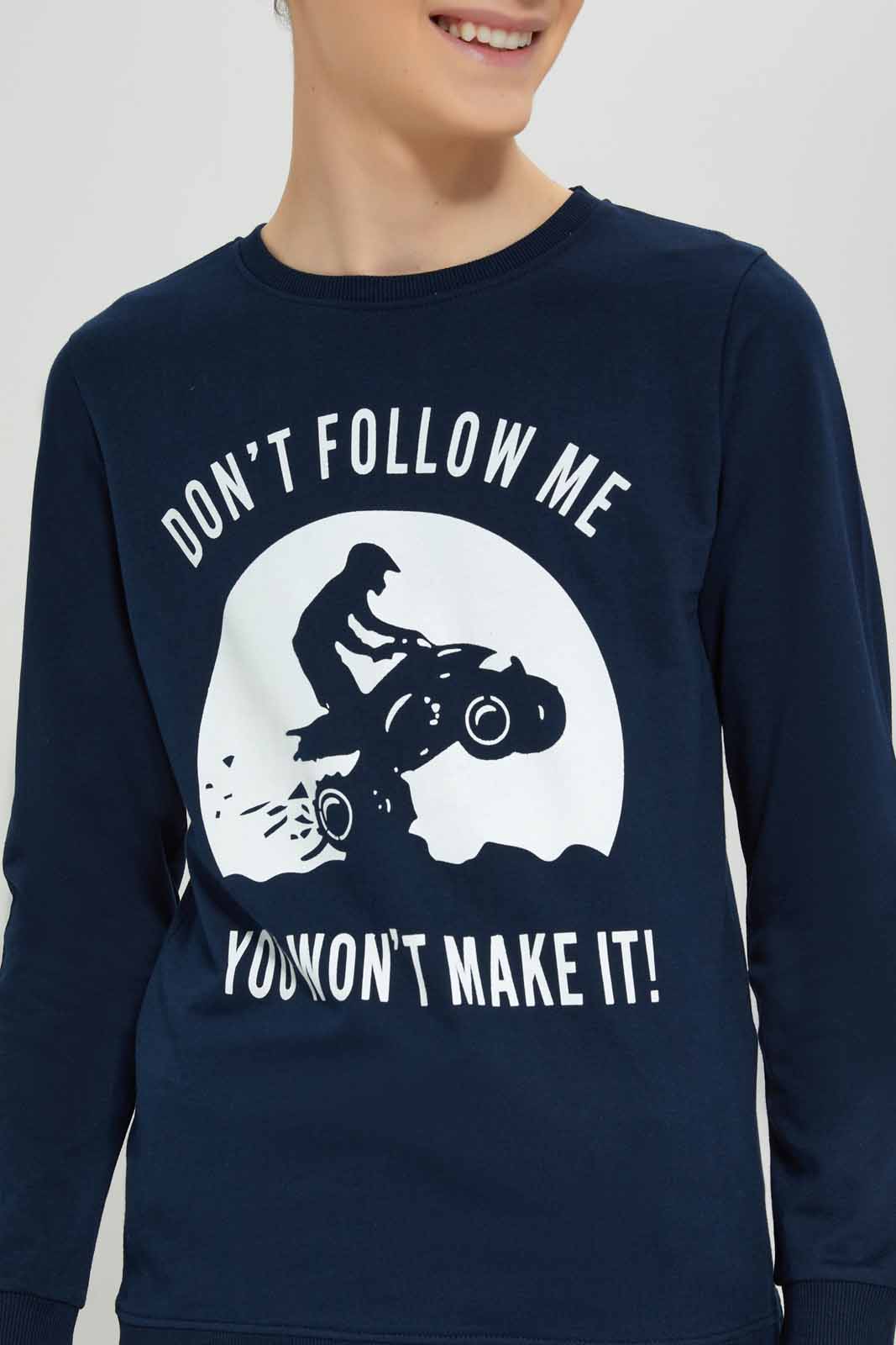 Redtag-Navy-Don't-Follow-Me-Sweat-Tee-BSR-Sweatshirts,-Category:Sweatshirts,-Colour:Navy,-Deals:New-In,-Dept:Boys,-Filter:Senior-Boys-(8-to-14-Yrs),-New-In-BSR-APL,-Non-Sale,-Section:Boys-(0-to-14Yrs),-TBL,-W22B-Senior-Boys-9 to 14 Years