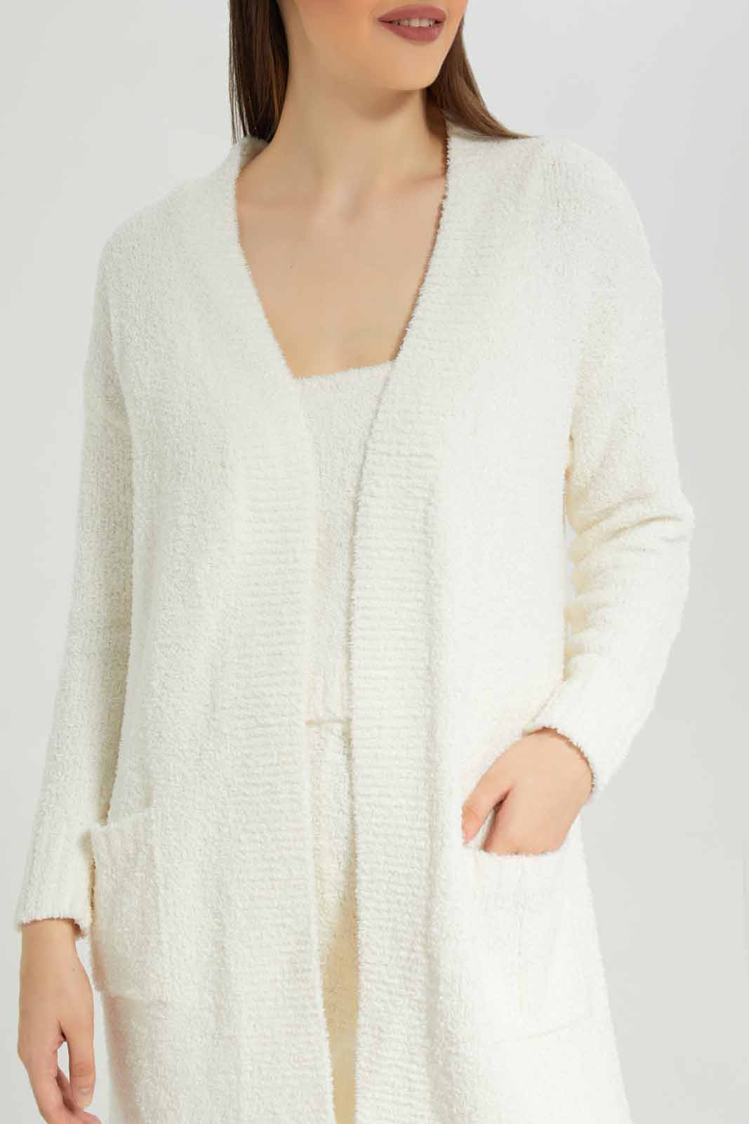Women Ivory Shearling Long Cardigan