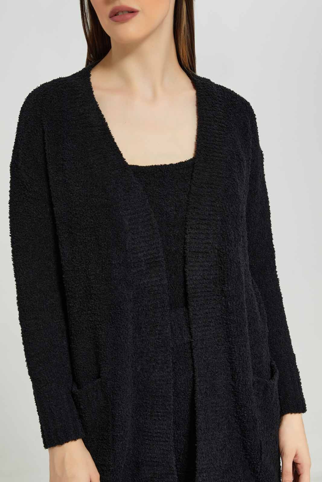 Women Black Shearling Long Cardigan