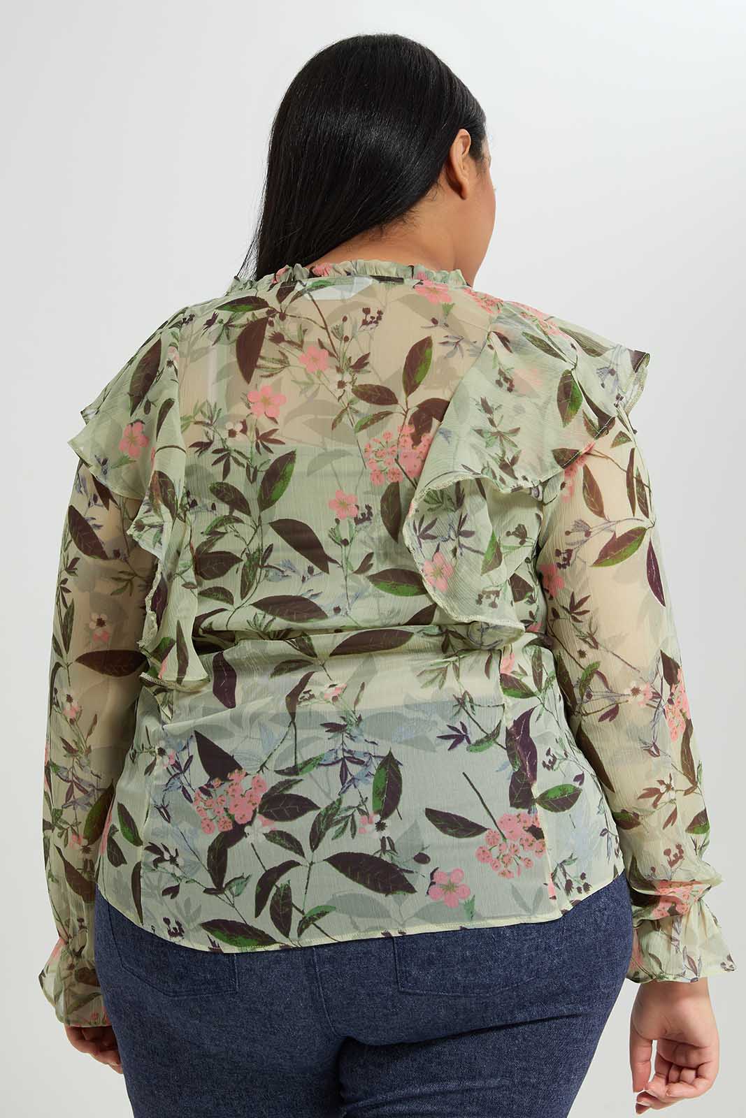 Women Green Floral Ruffle Blouse