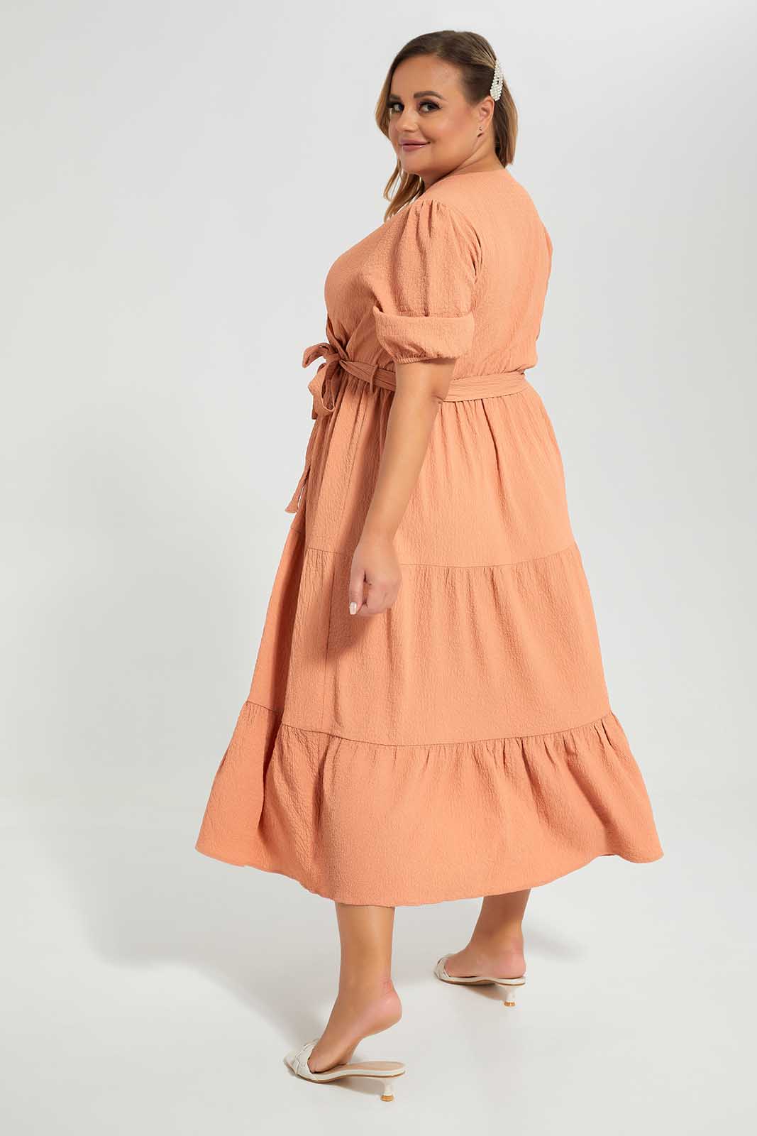 Redtag-Tiered-Long-Dress-Category:Dresses,-Colour:Apricot,-Deals:New-In,-Filter:Plus-Size,-LDP-Dresses,-New-In-LDP-APL,-Non-Sale,-Section:Women,-W22A-Women's-