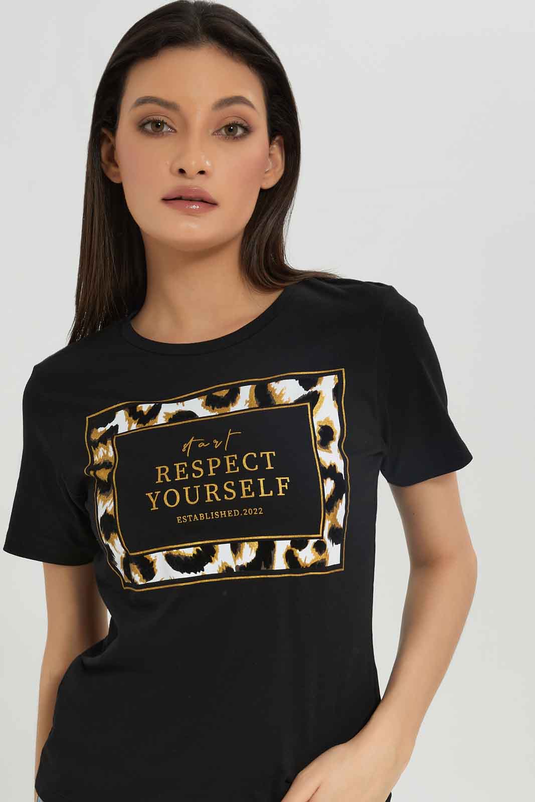 Redtag-Black-Emblished-T-Shirt-Category:T-Shirts,-Colour:Black,-Deals:New-In,-Dept:Ladieswear,-Filter:Women's-Clothing,-New-In-Women-APL,-Non-Sale,-Section:Women,-TBL,-W22A,-Women-T-Shirts-Women's-