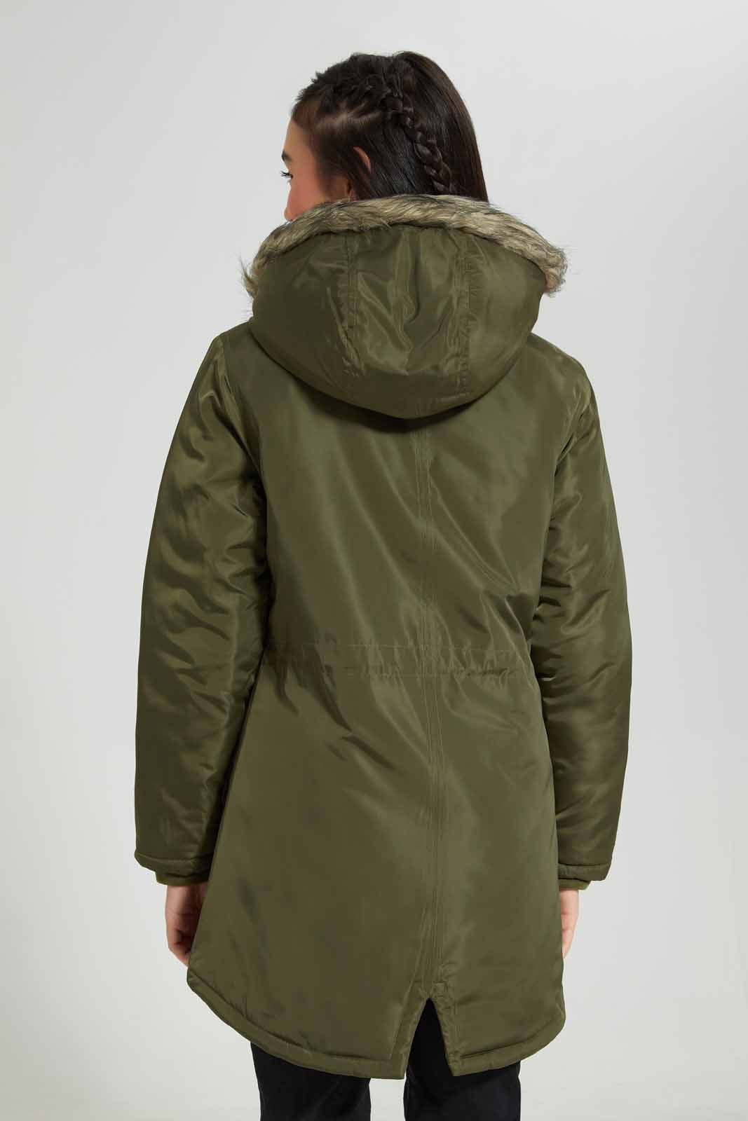 Redtag-Olive-Padded-Long-With-Fur-Category:Jackets,-Colour:Olive,-Deals:New-In,-EHW,-Filter:Senior-Girls-(8-to-14-Yrs),-GSR-Jackets,-New-In-GSR-APL,-Non-Sale,-Section:Girls-(0-to-14Yrs),-W22B-Senior-Girls-9 to 14 Years