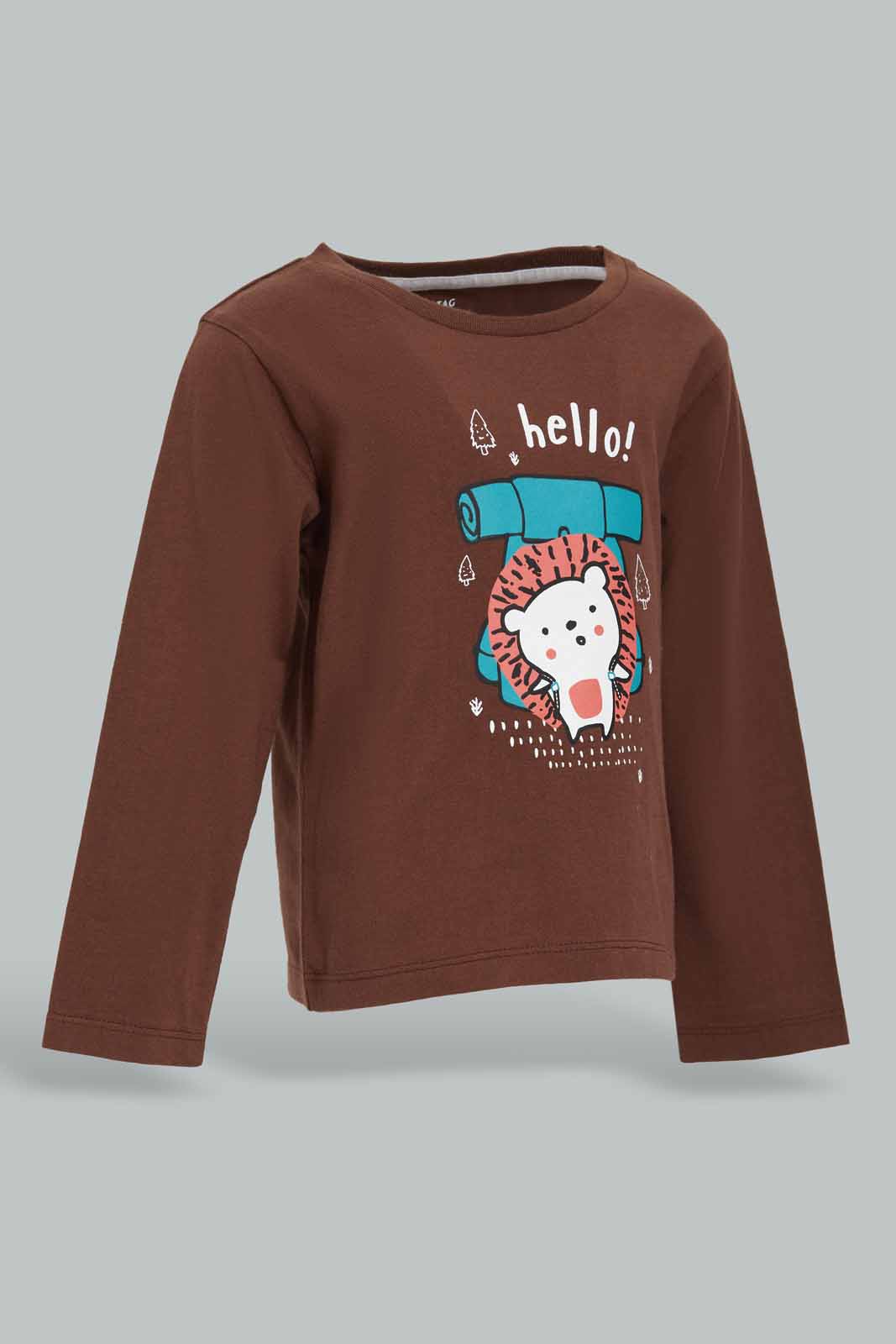 Redtag-brown-Hello-Hedgehog-Ls-Tshirt-Category:T-Shirts,-Colour:Brown,-Deals:New-In,-Dept:Boys,-Filter:Infant-Boys-(3-to-24-Mths),-INB-T-Shirts,-New-In-INB-APL,-Non-Sale,-Section:Boys-(0-to-14Yrs),-TBL,-W22B-Infant-Boys-3 to 24 Months
