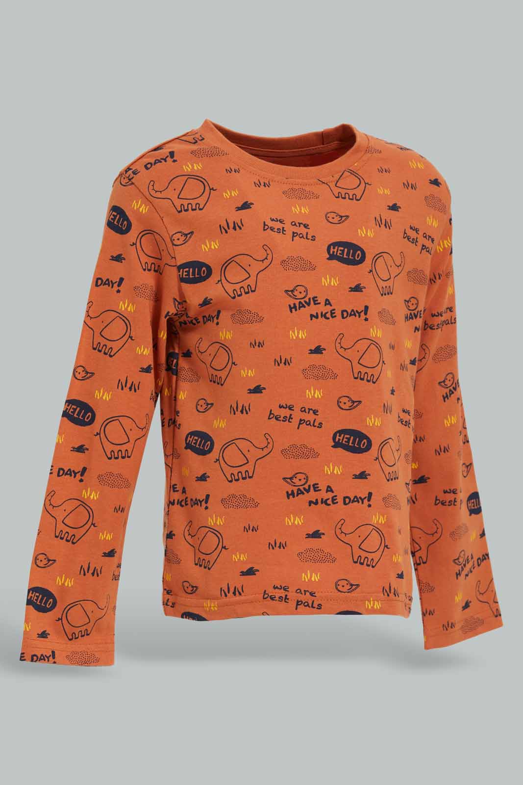 Redtag-Aop-Hello-And-Elephant-Rust-Tbl-Ls-T-Shirt-Category:T-Shirts,-Colour:Orange,-Deals:New-In,-Dept:Boys,-Filter:Infant-Boys-(3-to-24-Mths),-INB-T-Shirts,-New-In-INB-APL,-Non-Sale,-Section:Boys-(0-to-14Yrs),-TBL,-W22B-Infant-Boys-3 to 24 Months