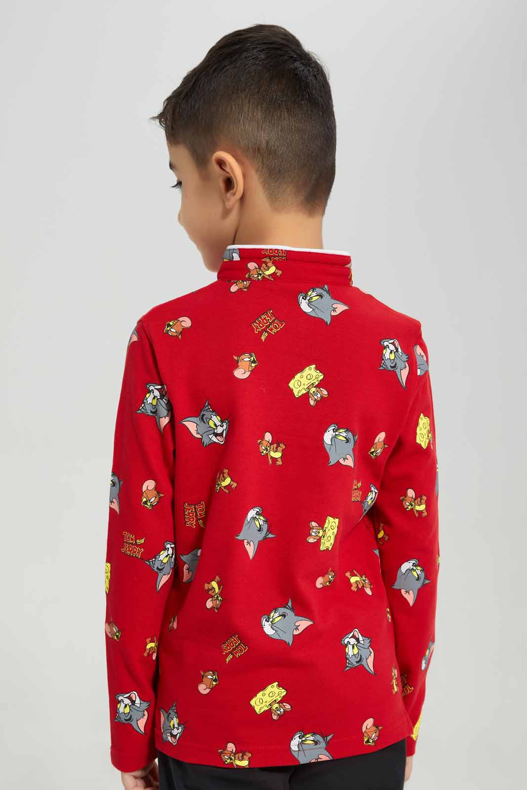 Redtag-Red-Tom-&-Jerry-Mandarin-Collar-Long-Sleeve-Polo-BOY-Polo-T-Shirts,-Category:Polo-T-Shirts,-CHR,-Colour:Red,-Deals:New-In,-Filter:Boys-(2-to-8-Yrs),-New-In-BOY-APL,-Non-Sale,-Section:Boys-(0-to-14Yrs),-TBL,-W22B-Boys-2 to 8 Years