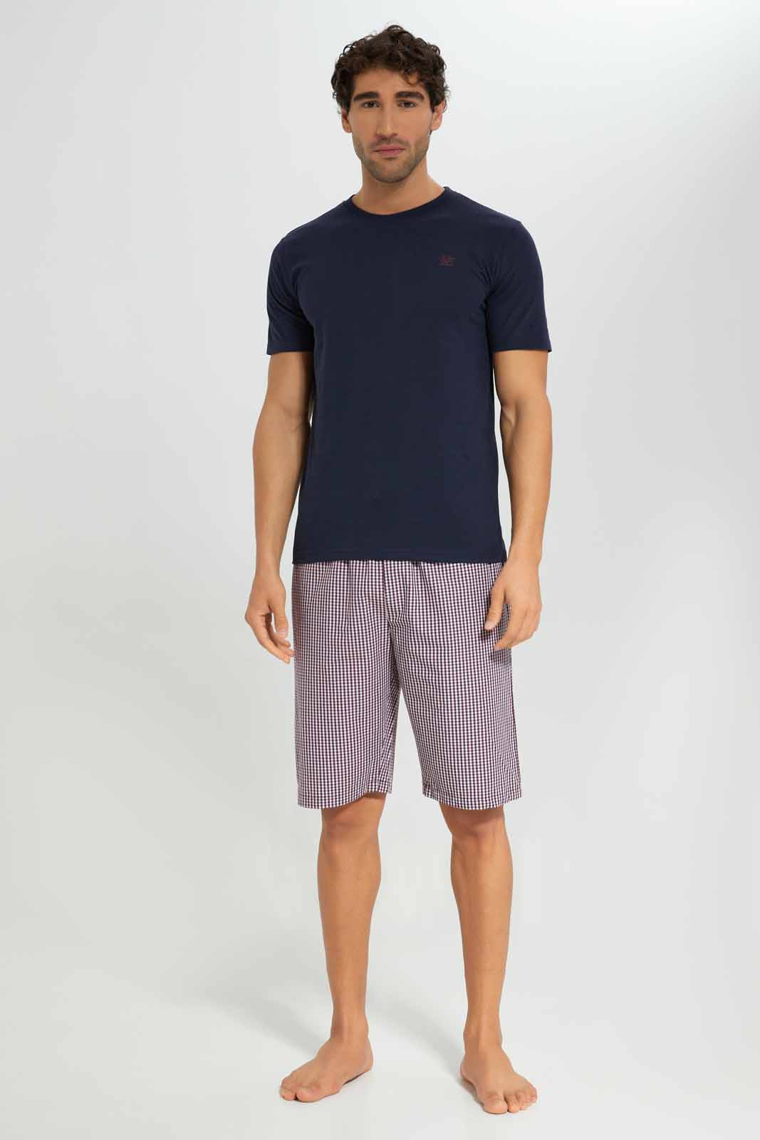Redtag-Navy-Pyjama-Set-With-Check-Shorts-Category:Pyjama-Sets,-Colour:Navy,-Deals:New-In,-Filter:Men's-Clothing,-Men-Pyjama-Sets,-New-In-Men-APL,-Non-Sale,-Section:Men,-W22A-Men's-