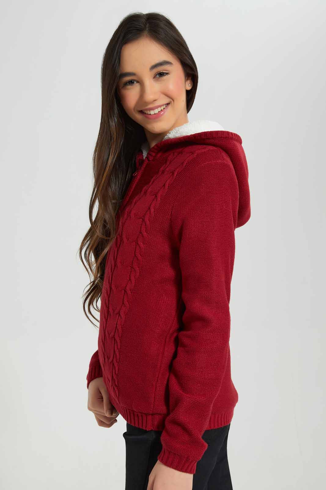 Redtag-Burgundy-Zipper-Front-With-Sherpa-Lining-Category:Cardigans,-Colour:Burgundy,-Deals:New-In,-EHW,-Filter:Senior-Girls-(8-to-14-Yrs),-GSR-Cardigans,-New-In-GSR-APL,-Non-Sale,-Section:Girls-(0-to-14Yrs),-W22B-Senior-Girls-9 to 14 Years