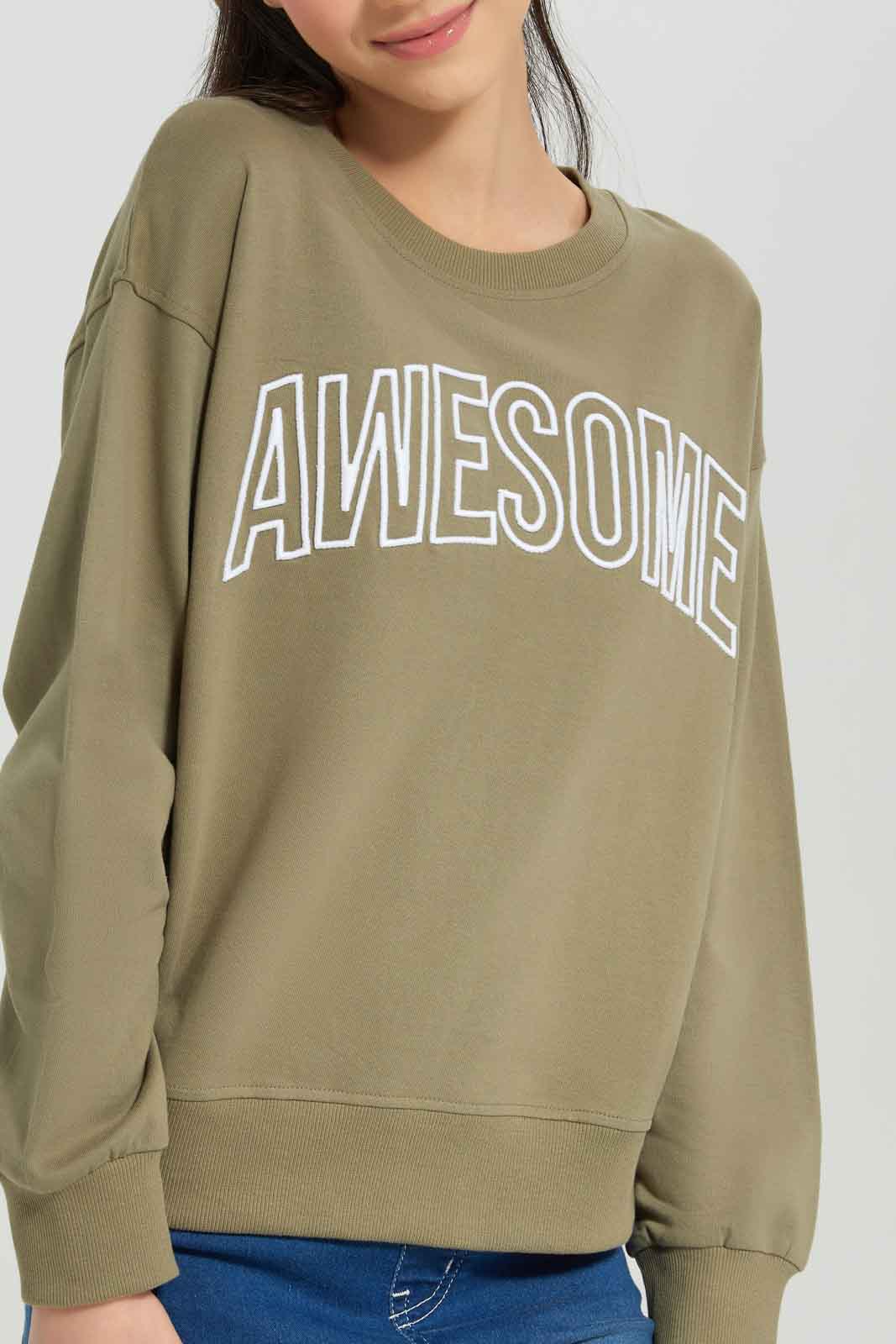 Redtag-Olive-Embroired-Sweatshirts-Category:Sweatshirts,-Colour:Olive,-Deals:New-In,-Dept:Girls,-Filter:Senior-Girls-(8-to-14-Yrs),-GSR-Sweatshirts,-New-In-GSR-APL,-Non-Sale,-Section:Girls-(0-to-14Yrs),-W22B-Senior-Girls-9 to 14 Years