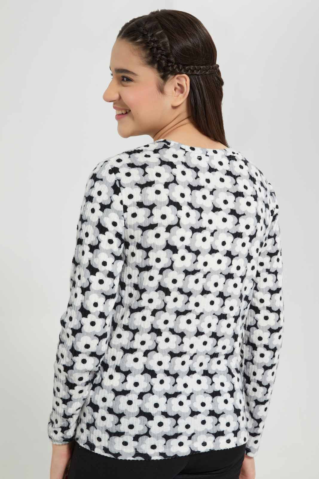 Redtag-Black-Floral-Rib-Highneck-Top-Category:T-Shirts,-Colour:Assorted,-Deals:New-In,-Filter:Senior-Girls-(8-to-14-Yrs),-GSR-T-Shirts,-New-In-GSR-APL,-Non-Sale,-Section:Girls-(0-to-14Yrs),-TBL,-W22B-Senior-Girls-9 to 14 Years