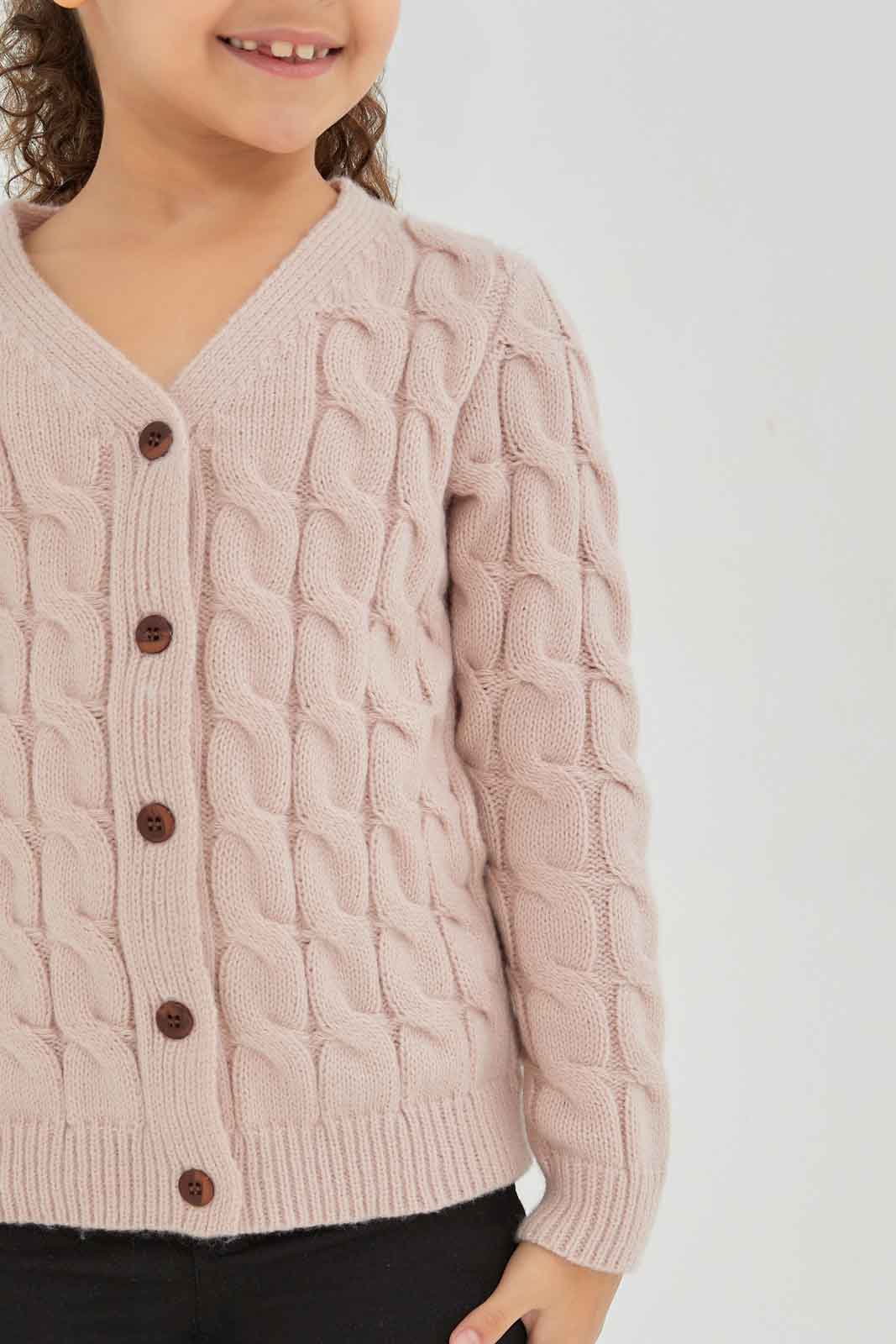 Redtag-Pink-Long-Sleeve-Cardigans-Cable-Knit-Category:Cardigans,-Colour:Apricot,-Deals:New-In,-Dept:Girls,-Filter:Girls-(2-to-8-Yrs),-GIR-Cardigans,-New-In-GIR-APL,-Non-Sale,-Section:Girls-(0-to-14Yrs),-W22B-Girls-2 to 8 Years