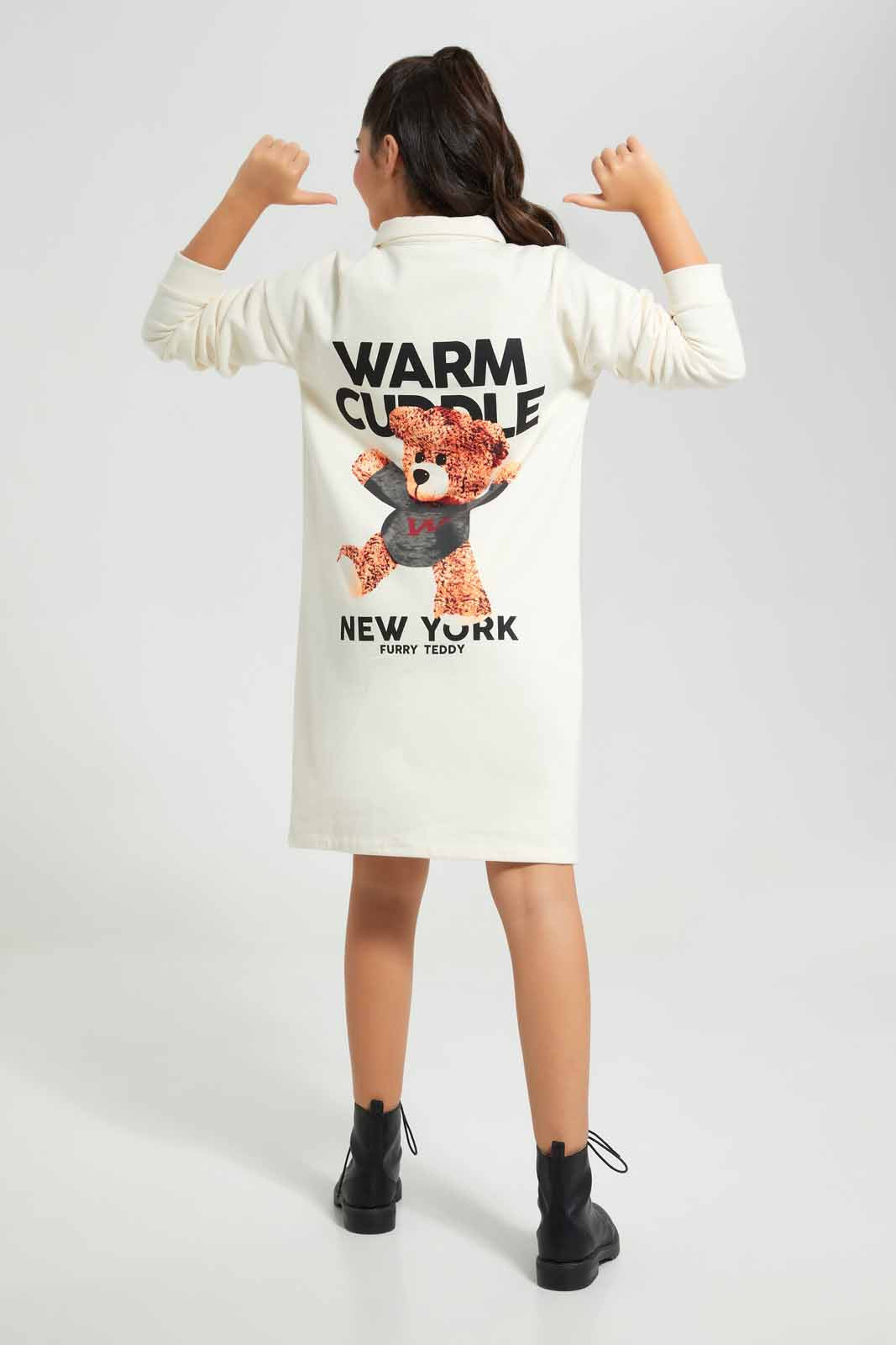 Redtag-Beige-Teddy-Bear-Sweatshirt-Dress-Category:Dresses,-Colour:Beige,-Deals:New-In,-Filter:Senior-Girls-(8-to-14-Yrs),-GSR-Dresses,-New-In-GSR-APL,-Non-Sale,-Section:Girls-(0-to-14Yrs),-W22B-Senior-Girls-9 to 14 Years