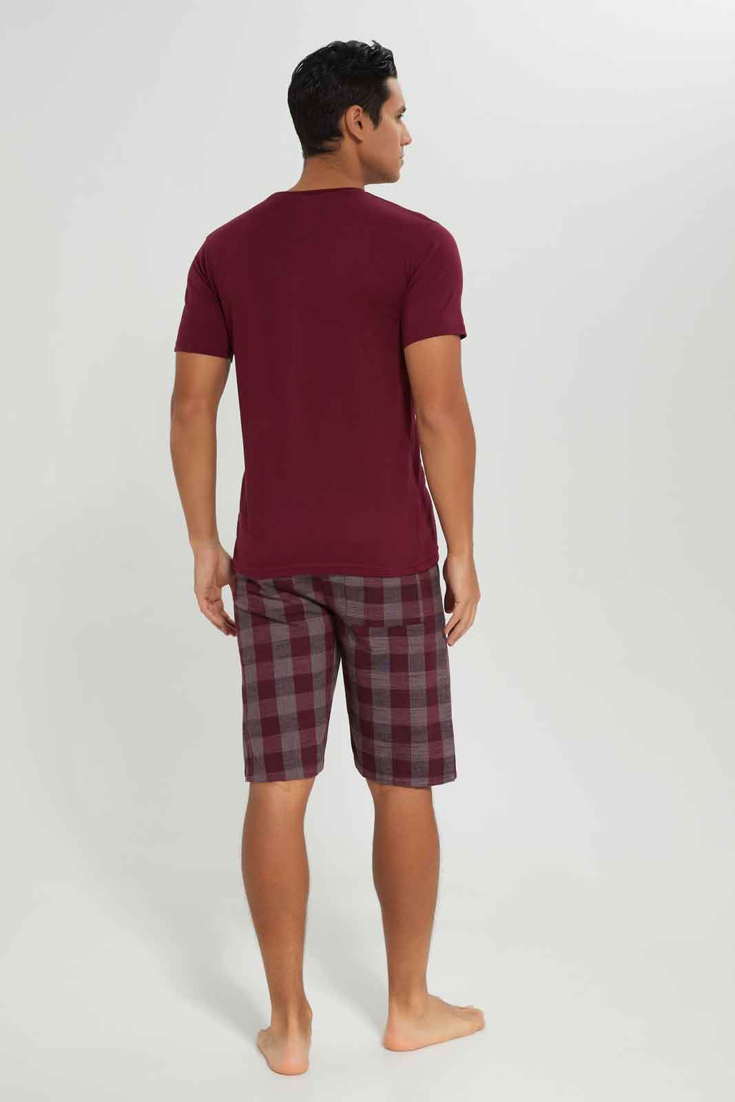 Redtag-Burgandy-Pyjama-Set-With-Check-Shorts-Category:Pyjama-Sets,-Colour:Burgundy,-Deals:New-In,-Dept:Menswear,-Filter:Men's-Clothing,-Men-Pyjama-Sets,-New-In-Men-APL,-Non-Sale,-Section:Men,-W22B-Men's-