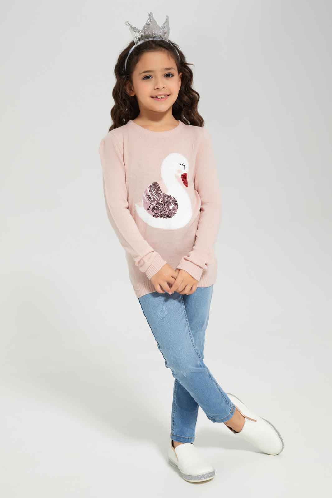 Redtag-Pink-Long-Sleeve-Pullover-With-Bunny-Category:Pullovers,-Colour:Apricot,-Deals:New-In,-Dept:Girls,-Filter:Girls-(2-to-8-Yrs),-GIR-Pullovers,-New-In-GIR-APL,-Non-Sale,-Section:Girls-(0-to-14Yrs),-W22B-Girls-2 to 8 Years