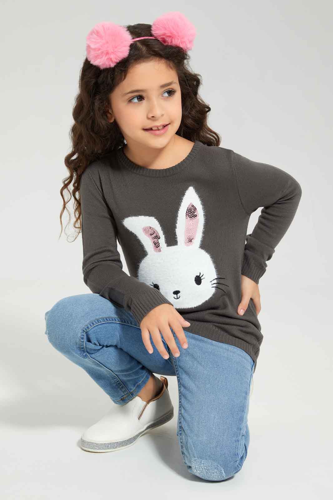 Redtag-Drak-Grey-Long-Sleeve-Pullover-With-Bunny-Category:Pullovers,-Colour:Charcoal,-Deals:New-In,-Dept:Girls,-Filter:Girls-(2-to-8-Yrs),-GIR-Pullovers,-New-In-GIR-APL,-Non-Sale,-Section:Girls-(0-to-14Yrs),-W22B-Girls-2 to 8 Years