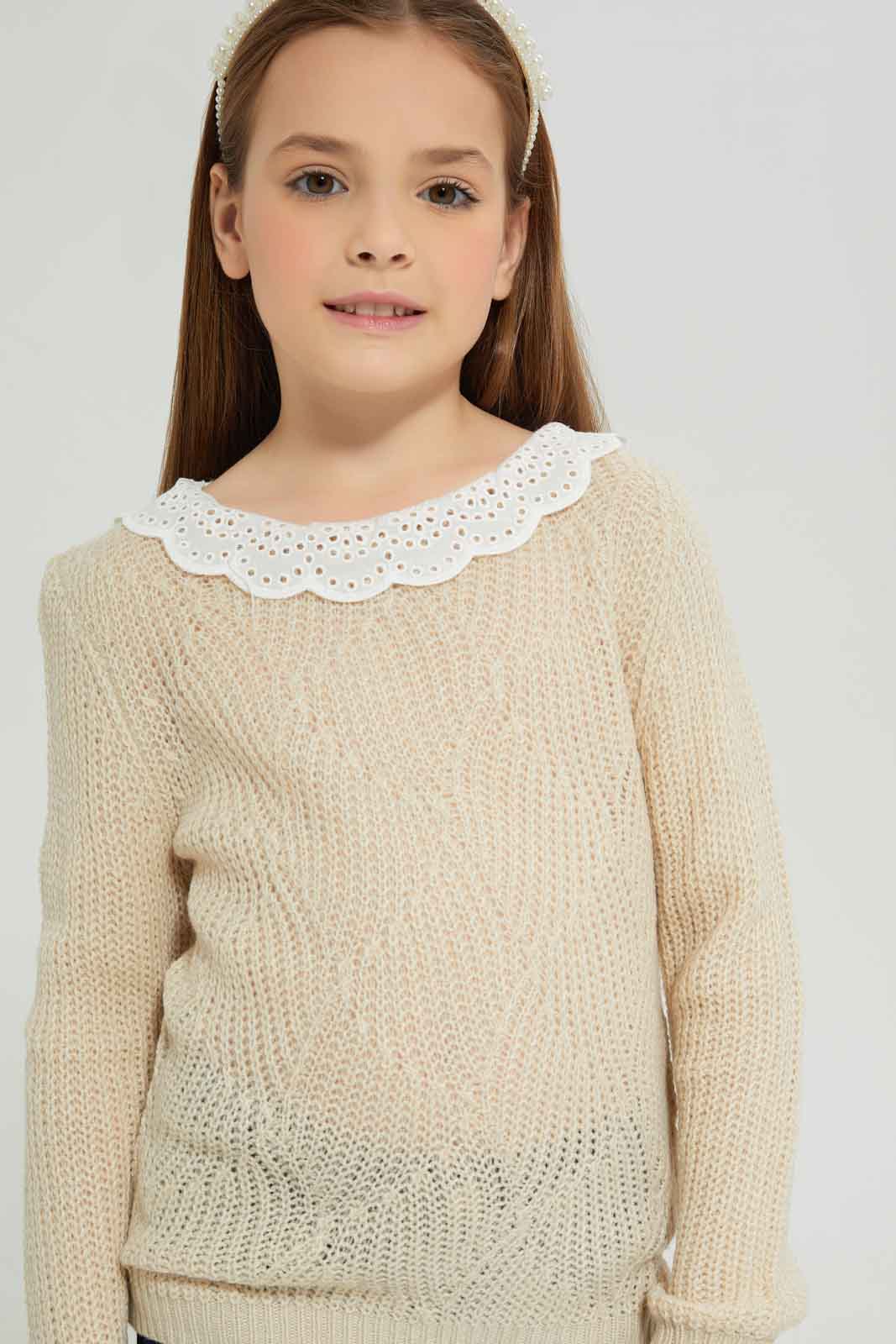 Redtag-Beige-long-sleeve-pull-with-collar-Category:Pullovers,-Colour:Beige,-Deals:New-In,-Dept:Girls,-Filter:Girls-(2-to-8-Yrs),-GIR-Pullovers,-New-In-GIR-APL,-Non-Sale,-Section:Girls-(0-to-14Yrs),-W22B-Girls-2 to 8 Years