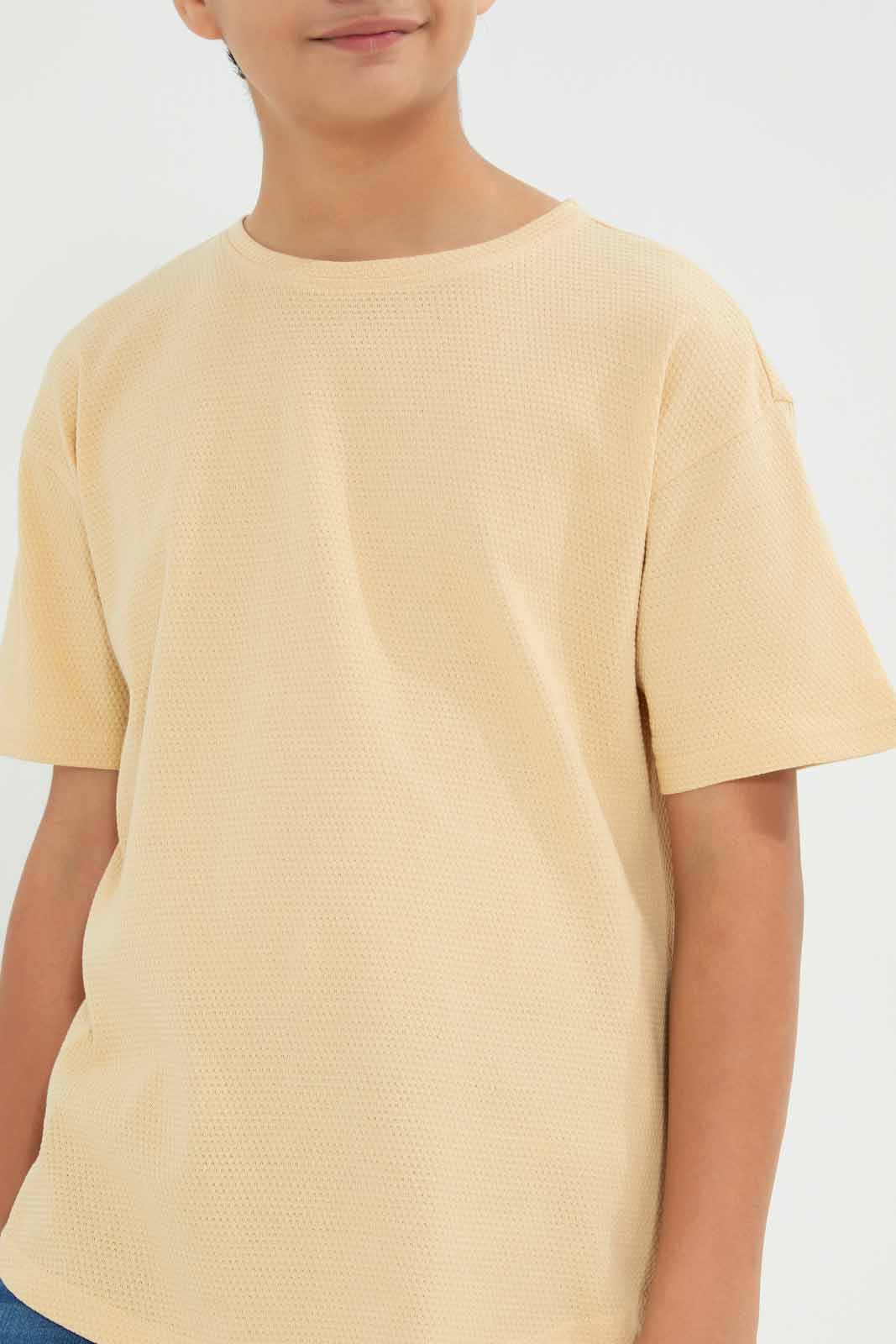 Redtag-Beige-Popcorn-Kint-Dropdown-Shoulder-T-Shirt-BSR-T-Shirts,-Category:T-Shirts,-Colour:Beige,-Deals:New-In,-Filter:Senior-Boys-(8-to-14-Yrs),-New-In-BSR-APL,-Non-Sale,-Section:Boys-(0-to-14Yrs),-TBL,-W22B-Senior-Boys-9 to 14 Years