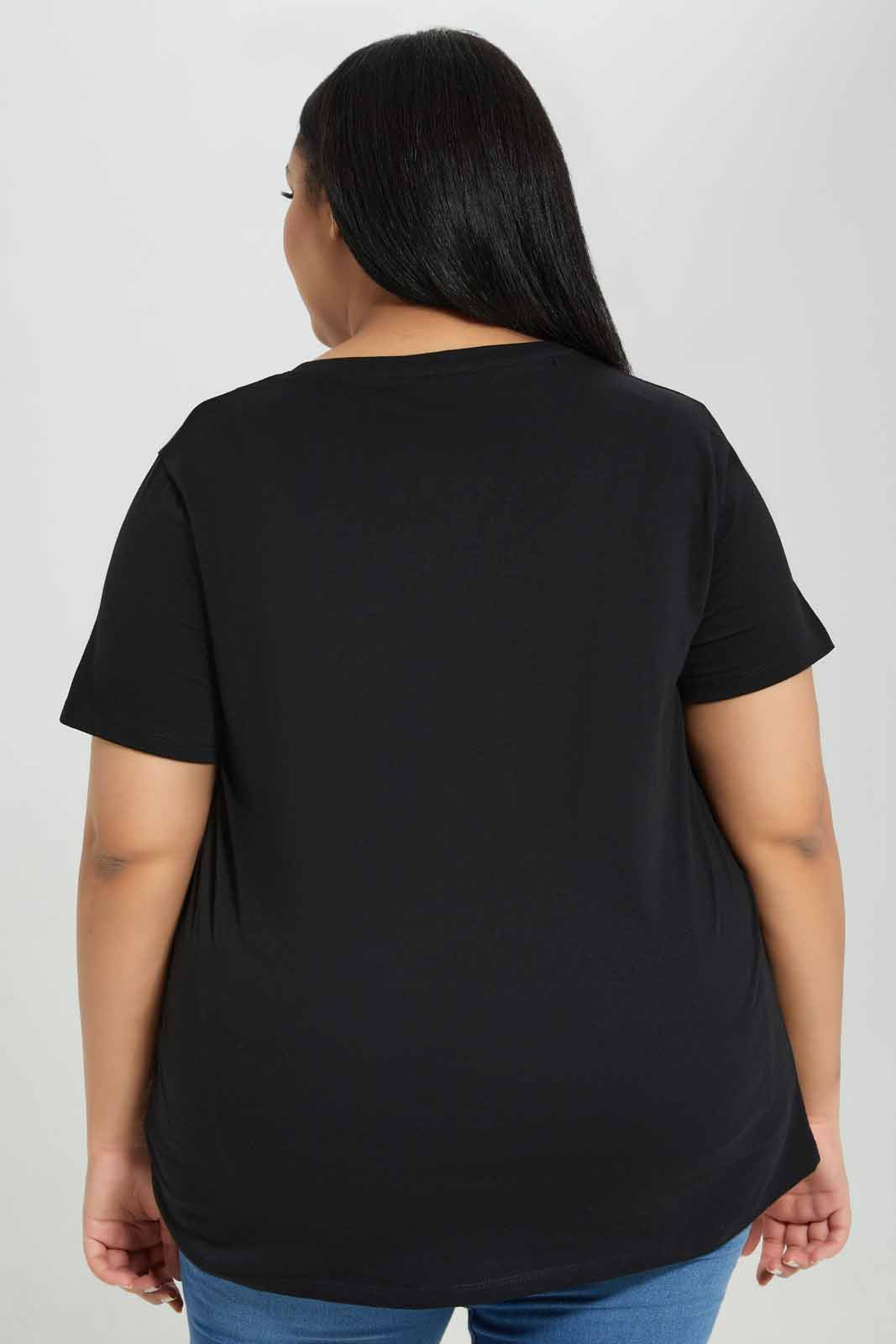 Redtag-Black-Short-Sleeve-Placement-Foil-Print-Category:T-Shirts,-Colour:Black,-Deals:New-In,-Filter:Plus-Size,-LDP-T-Shirts,-New-In-LDP-APL,-Non-Sale,-Section:Women,-TBL,-W22A-Women's-