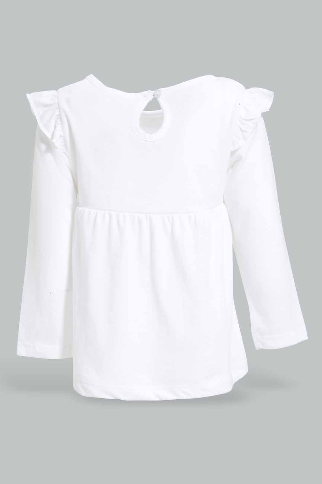 Redtag-White-Solid-Jersey-Top-With-Shoulder-Frills-Category:T-Shirts,-Colour:White,-Deals:New-In,-Filter:Infant-Girls-(3-to-24-Mths),-ING-T-Shirts,-New-In-ING-APL,-Non-Sale,-Section:Girls-(0-to-14Yrs),-TBL,-W22A-Infant-Girls-3 to 24 Months