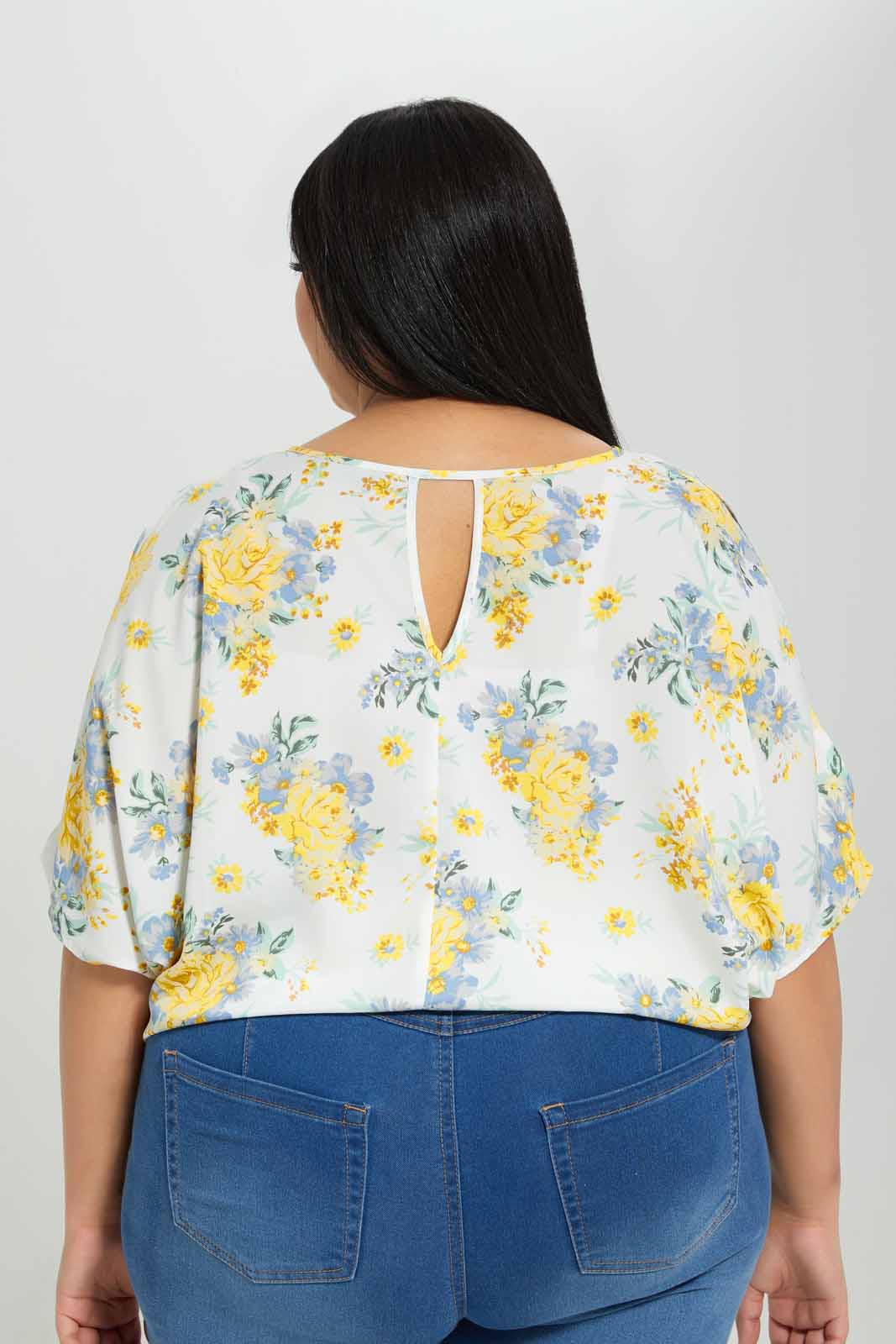 Redtag-Ivory/Yellow-Floral-Printed-Tie-Hem-detail-Blouse-Category:Blouses,-Colour:Assorted,-Deals:New-In,-Filter:Plus-Size,-LDP-Blouses,-New-In-LDP-APL,-Non-Sale,-Section:Women,-W22A-Women's-