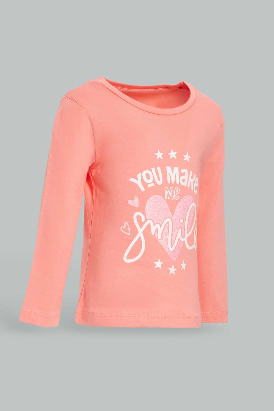 Redtag-Coral-Placement-Print-T--Shirt-Category:T-Shirts,-Colour:Orange,-Deals:New-In,-Dept:Girls,-Filter:Infant-Girls-(3-to-24-Mths),-ING-T-Shirts,-New-In-ING-APL,-Non-Sale,-Section:Girls-(0-to-14Yrs),-TBL,-W22B-Infant-Girls-3 to 24 Months
