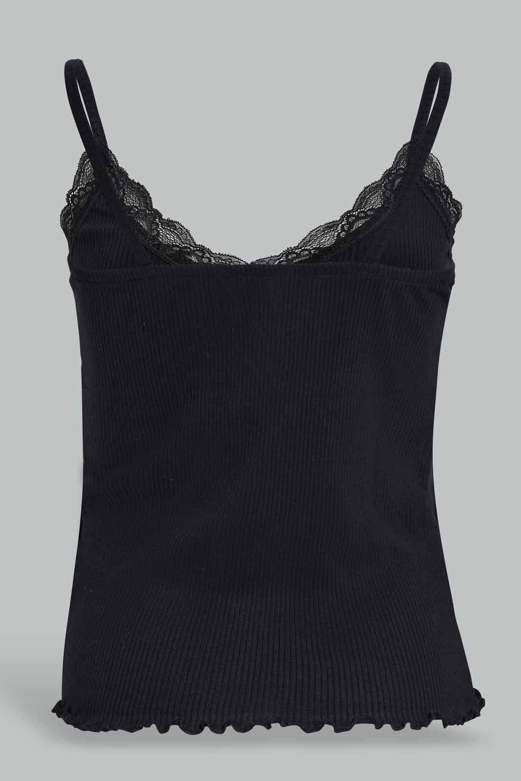 Redtag-Black-Strappy-Rib-Vest-With-Lace-Category:Vests,-Colour:Black,-Deals:New-In,-Filter:Women's-Clothing,-New-In-Women-APL,-Non-Sale,-Section:Women,-W22A,-Women-Vests-Women's-
