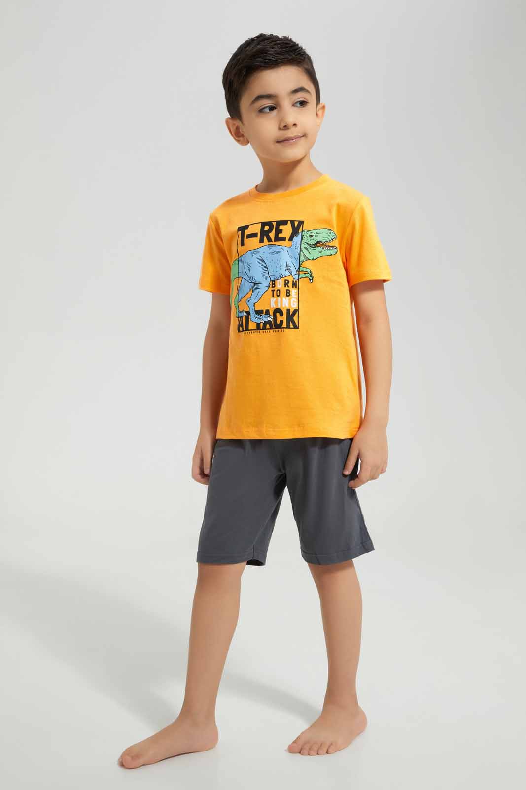 Redtag-Orange-T-Rex-Print-T-Shirt-And-Short-Pyjama-BOY-Pyjama-Sets,-Category:Pyjama-Sets,-Colour:Orange,-Deals:New-In,-Filter:Boys-(2-to-8-Yrs),-New-In-BOY-APL,-Non-Sale,-Section:Boys-(0-to-14Yrs),-VLM,-W22A-Boys-2 to 8 Years