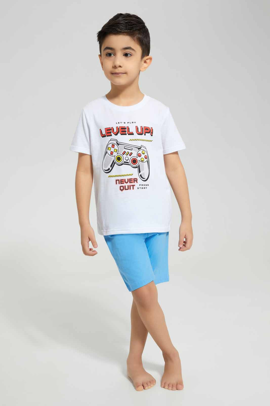 Redtag-White-Game-Print-T-Shirt-And-Short-Pyjama-BOY-Pyjama-Sets,-Category:Pyjama-Sets,-Colour:White,-Deals:New-In,-Filter:Boys-(2-to-8-Yrs),-New-In-BOY-APL,-Non-Sale,-Section:Boys-(0-to-14Yrs),-VLM,-W22A-Boys-2 to 8 Years