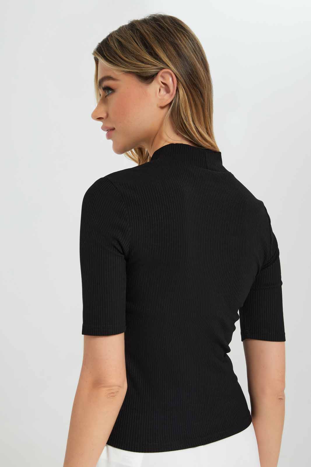 Redtag-Black-High-Neck-Ribbed-T-Shirt-Category:T-Shirts,-Colour:Black,-Deals:New-In,-Filter:Women's-Clothing,-New-In-Women-APL,-Non-Sale,-Section:Women,-W22B,-Women-T-Shirts-Women's-