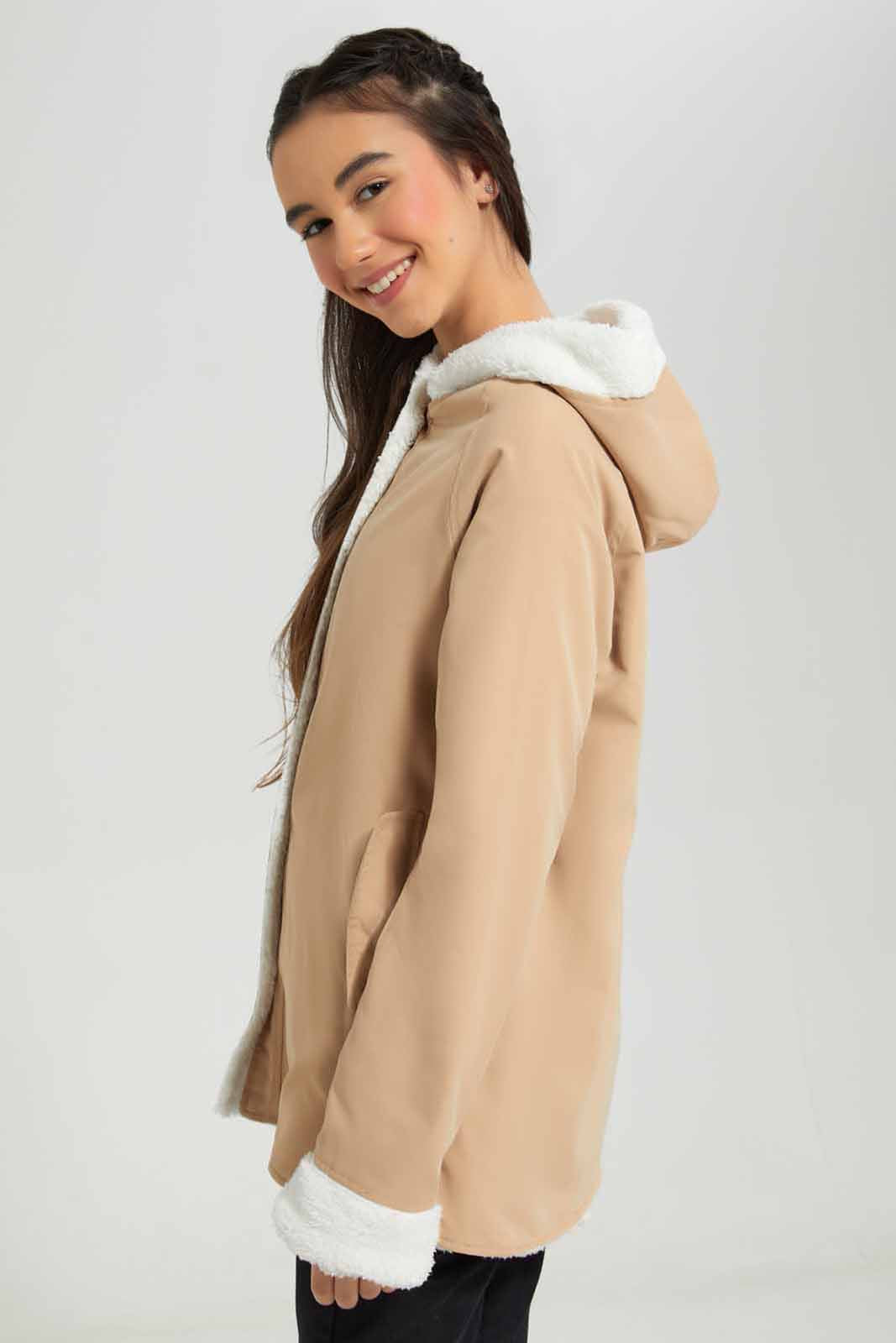 Redtag-Beige-Hoody-with-Fur-inside-Category:Jackets,-Colour:Beige,-Deals:New-In,-EHW,-Filter:Senior-Girls-(8-to-14-Yrs),-GSR-Jackets,-New-In-GSR-APL,-Non-Sale,-Section:Girls-(0-to-14Yrs),-W22B-Senior-Girls-9 to 14 Years