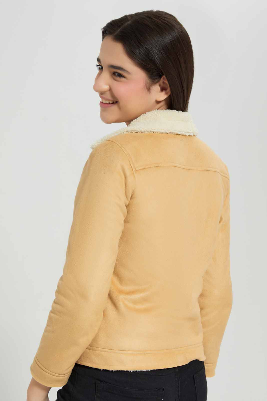 Redtag-Beige-Suede-Jacket-Category:Jackets,-Colour:Beige,-Deals:New-In,-EHW,-Filter:Senior-Girls-(8-to-14-Yrs),-GSR-Jackets,-New-In-GSR-APL,-Non-Sale,-Section:Girls-(0-to-14Yrs),-W22B-Senior-Girls-9 to 14 Years