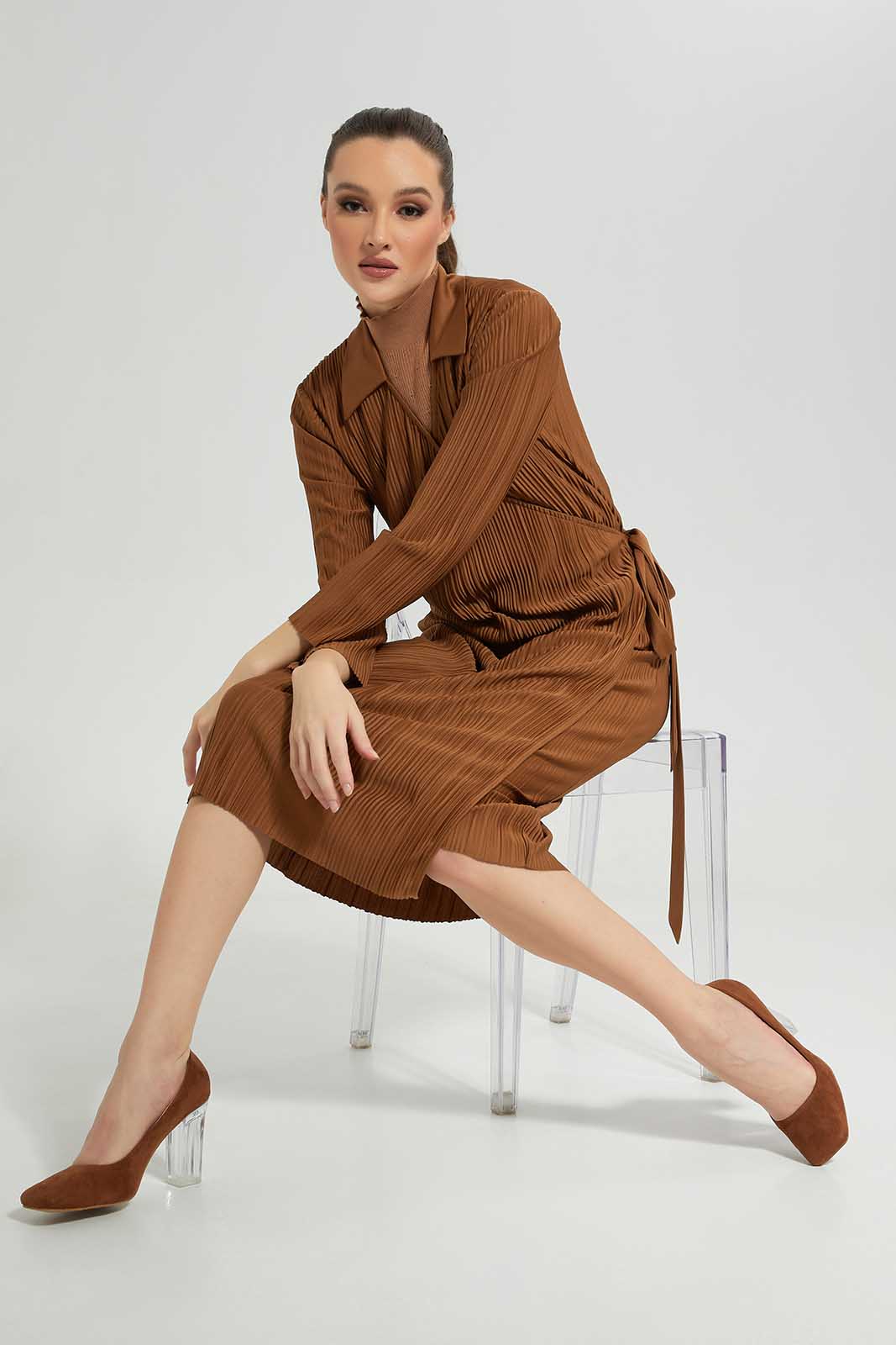 Redtag-Sand-Pleated-Wrap-Dress-Category:Dresses,-Colour:Sand,-Deals:New-In,-Dept:Ladieswear,-Filter:Women's-Clothing,-LDC,-LDC-Dresses,-New-In-LDC-APL,-Non-Sale,-Section:Women,-W22B-Women's-