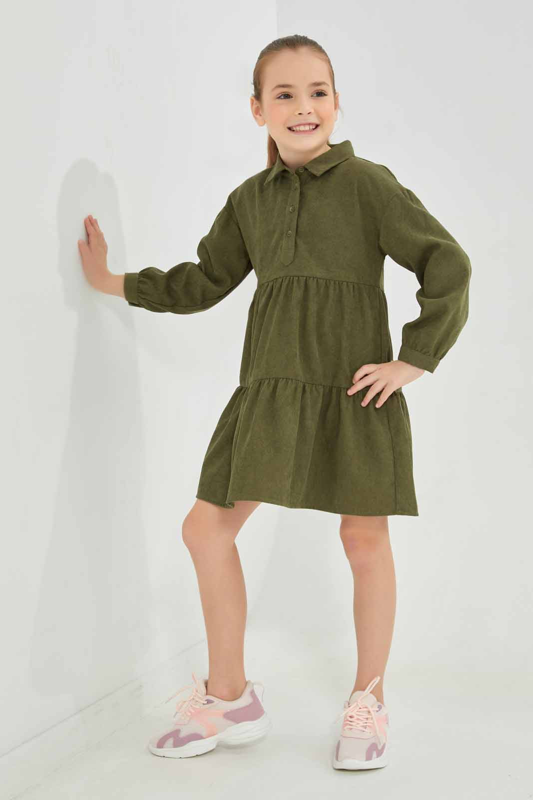 Redtag-Olive-Long-Sleeve-Cord-Maxi-Dress-Category:Dresses,-Colour:Olive,-Deals:New-In,-Dept:Girls,-Filter:Girls-(2-to-8-Yrs),-GIR-Dresses,-New-In-GIR-APL,-Non-Sale,-Section:Girls-(0-to-14Yrs),-W22B-Girls-2 to 8 Years