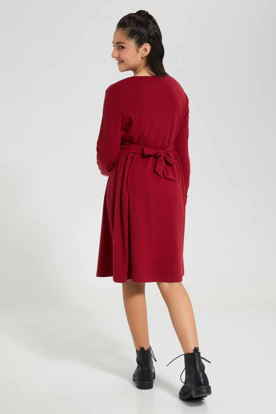 Redtag-Burgundy-Front-Tie-Knitted-Dress-Category:Dresses,-Colour:Burgundy,-Deals:New-In,-Filter:Senior-Girls-(8-to-14-Yrs),-GSR-Dresses,-New-In-GSR-APL,-Non-Sale,-Section:Girls-(0-to-14Yrs),-W22B-Senior-Girls-9 to 14 Years
