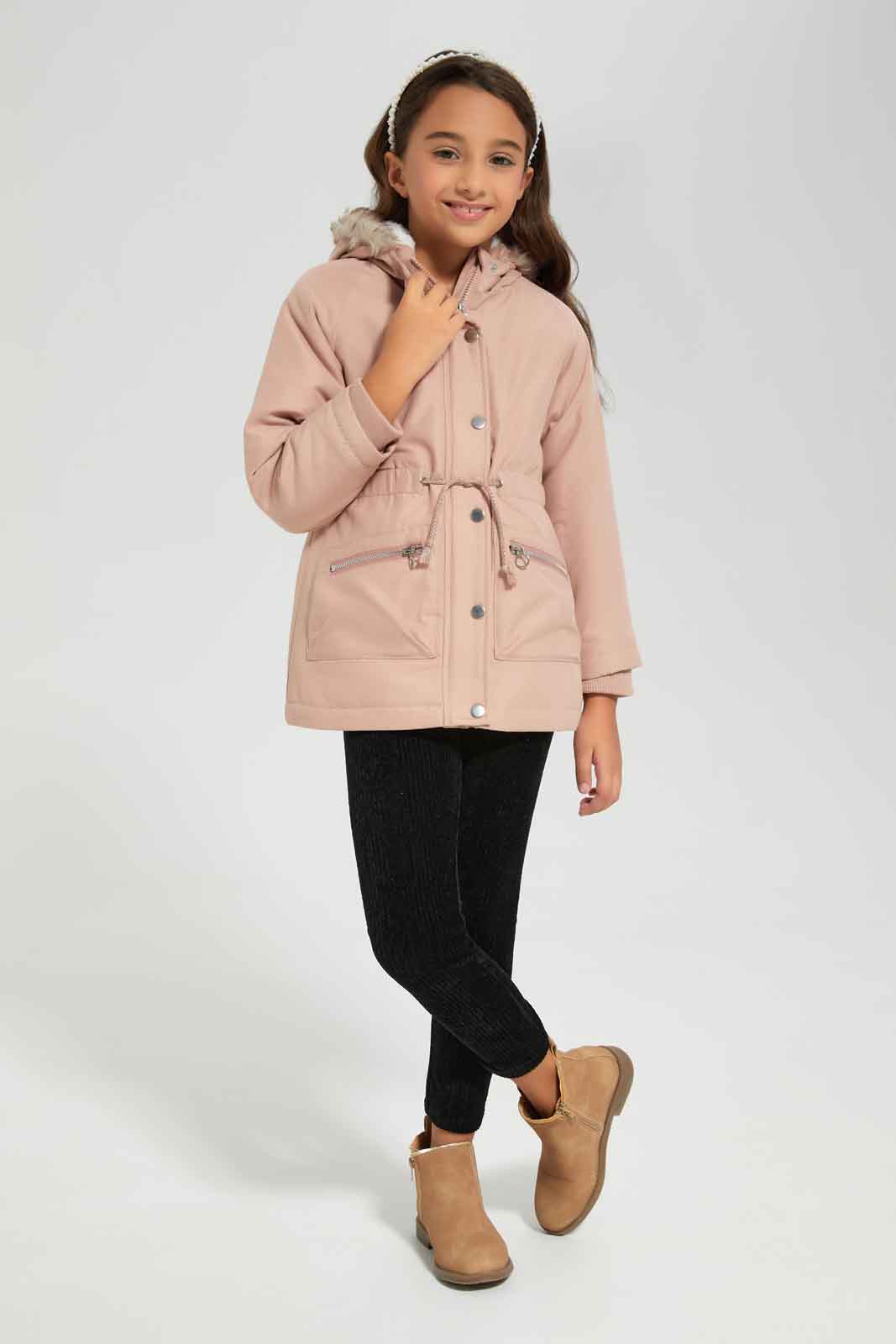 Redtag-Pink-Jacket-With-Fur-At-Hood-Category:Jackets,-Colour:Apricot,-Deals:New-In,-EHW,-Filter:Girls-(2-to-8-Yrs),-GIR-Jackets,-New-In-GIR-APL,-Non-Sale,-Section:Girls-(0-to-14Yrs),-W22B-Girls-2 to 8 Years