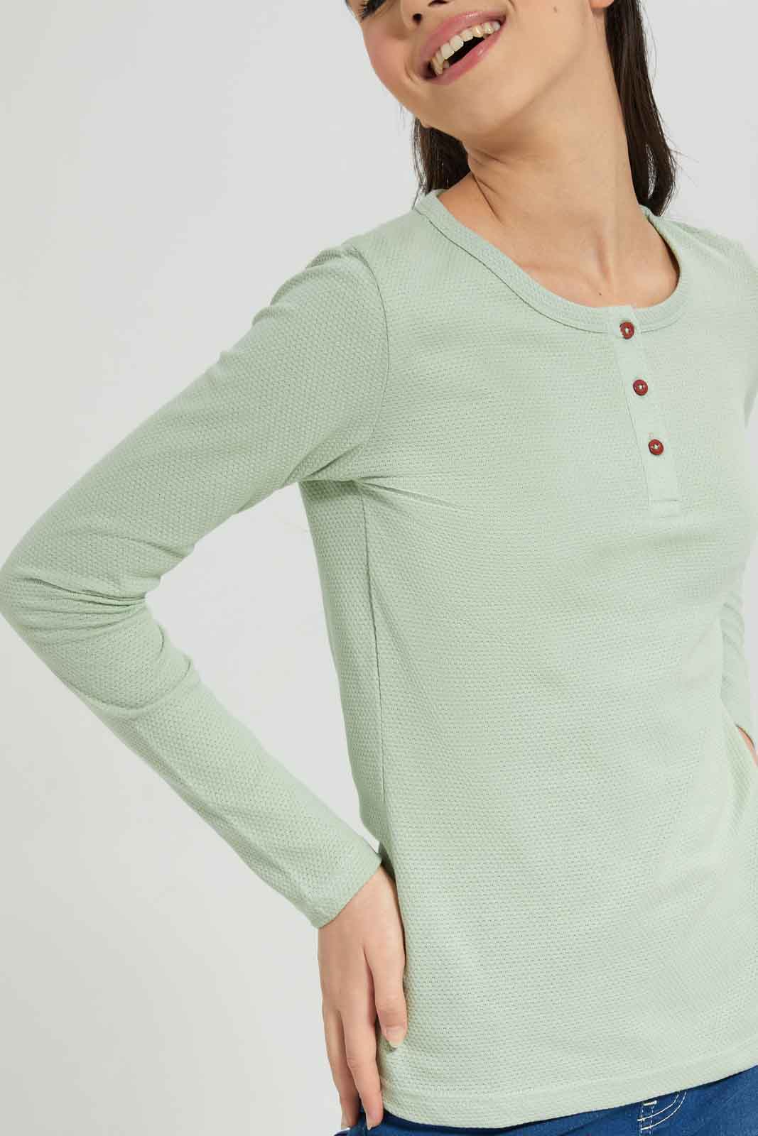 Redtag-Mint-L/s-Jacuard-Top-Category:T-Shirts,-Colour:Mint,-Deals:New-In,-Dept:Girls,-Filter:Senior-Girls-(8-to-14-Yrs),-GSR-T-Shirts,-New-In-GSR-APL,-Non-Sale,-Section:Girls-(0-to-14Yrs),-TBL,-W22B-Senior-Girls-9 to 14 Years