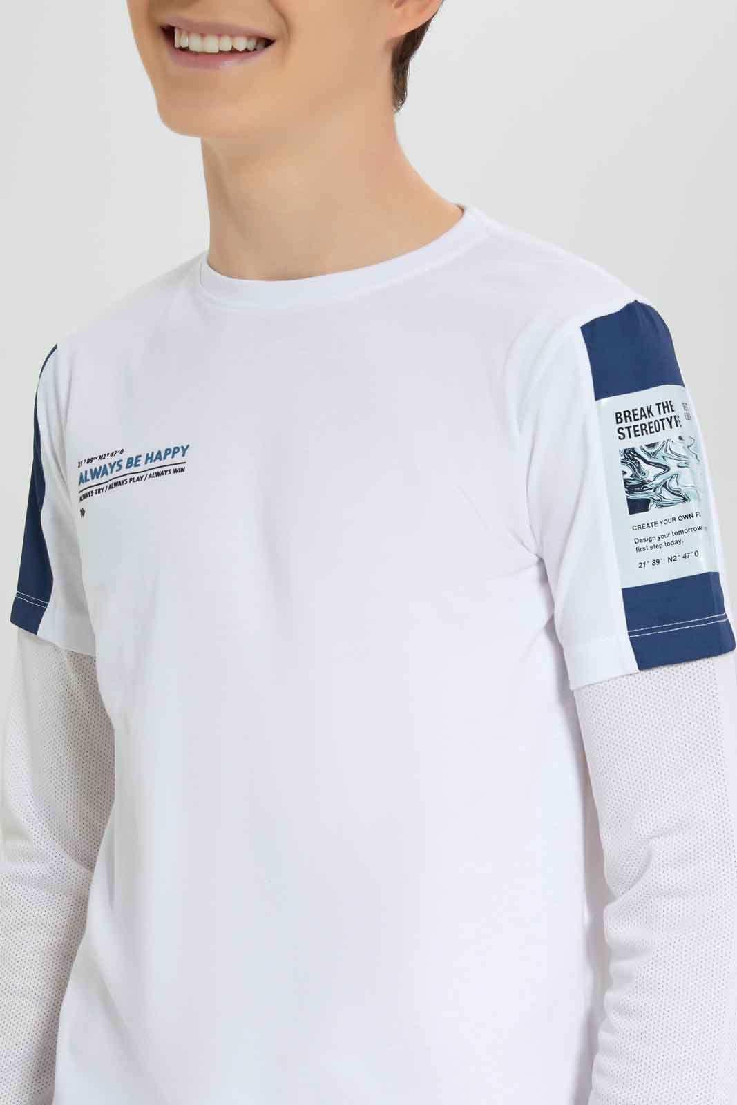 Redtag-Boys-White-Mesh-Peep-Out-Slv-Tee-BSR-T-Shirts,-BTS,-Category:T-Shirts,-Colour:White,-Deals:New-In,-Dept:Boys,-Filter:Senior-Boys-(8-to-14-Yrs),-New-In-BSR-APL,-Non-Sale,-Section:Boys-(0-to-14Yrs),-W22B-Senior-Boys-9 to 14 Years