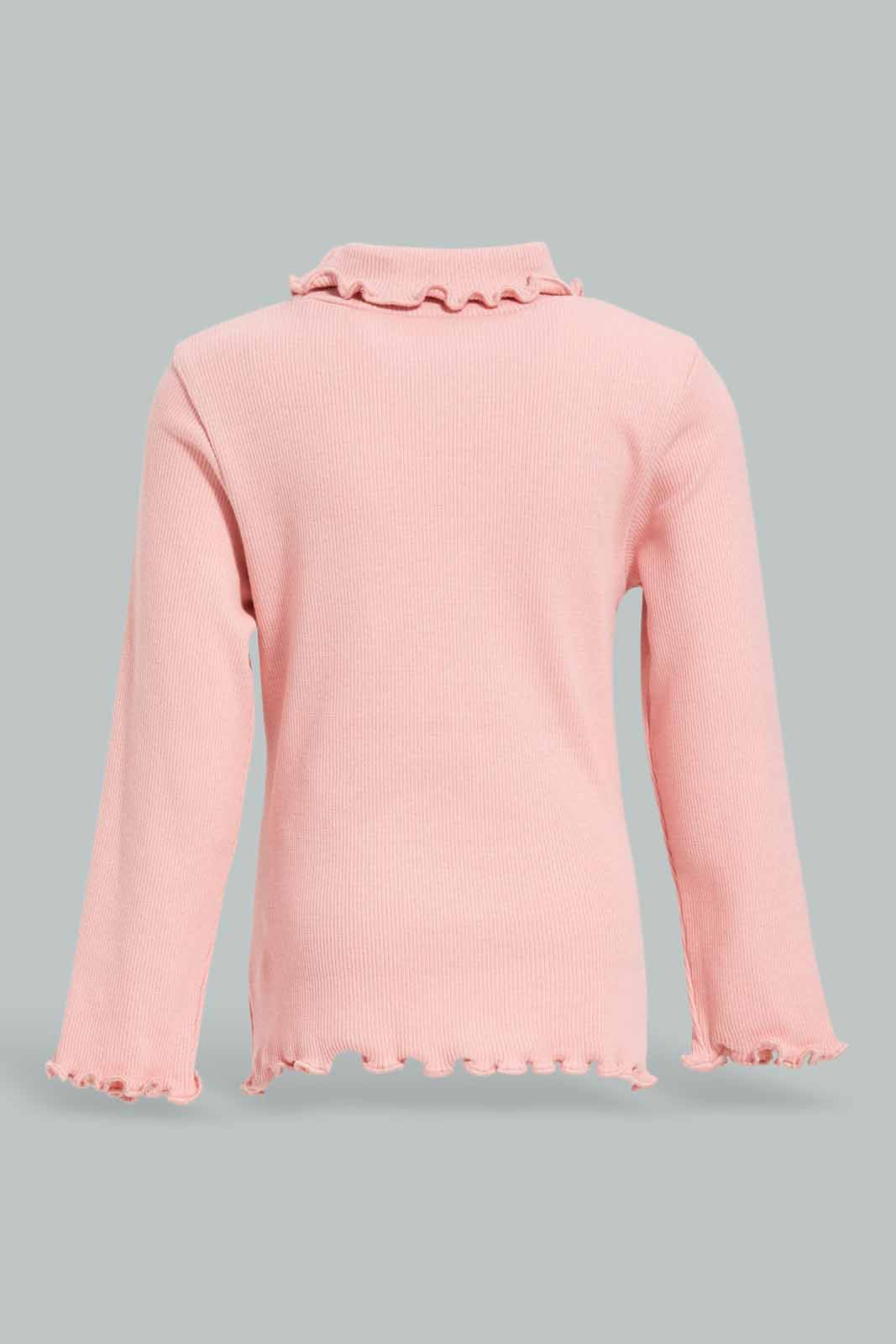 Redtag-Girls-Dusty-Pink-Solid-Rib-Hi-Neck-T-Shirt-Category:T-Shirts,-Colour:Apricot,-Deals:New-In,-Filter:Infant-Girls-(3-to-24-Mths),-ING-T-Shirts,-New-In-ING-APL,-Non-Sale,-Section:Girls-(0-to-14Yrs),-TBL,-W22B-Infant-Girls-