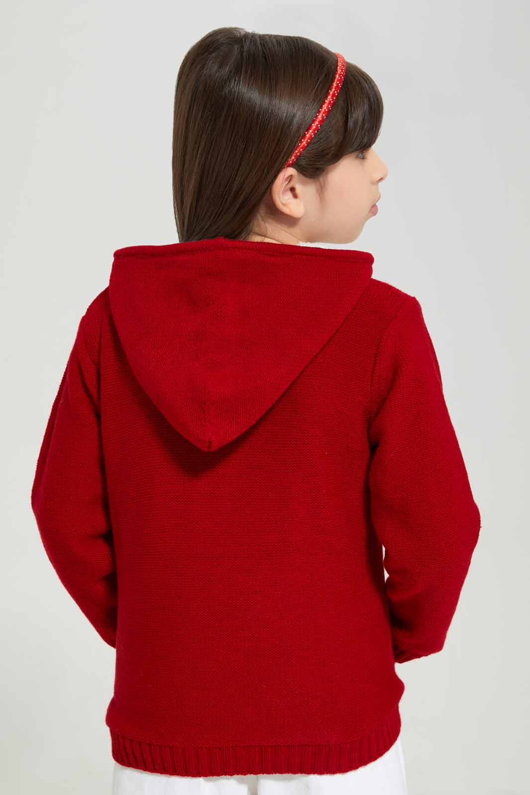 Girls Red Knitted Hooded Cardigan