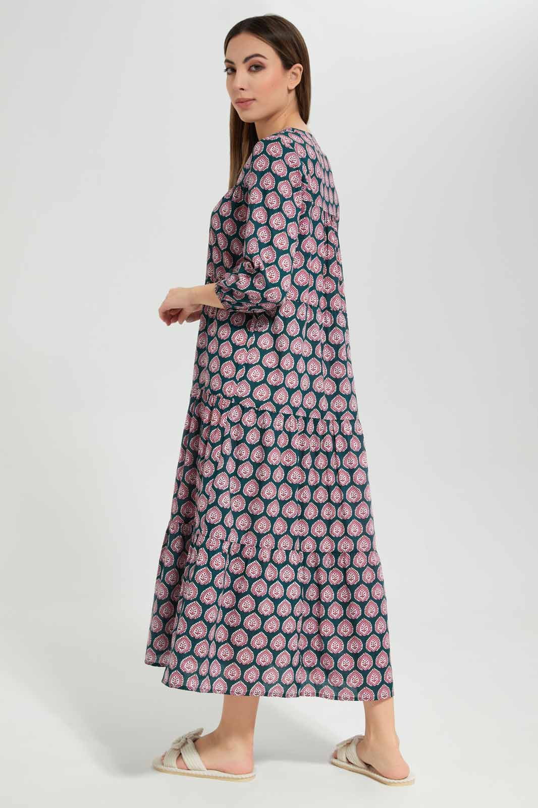 Redtag-Women-Dark-Green-Aop-Long-Sleeves-Nightgown-Category:Nightgowns,-Colour:Olive,-Deals:New-In,-Filter:Women's-Clothing,-New-In-Women-APL,-Non-Sale,-Section:Women,-W22B,-Women-Nightgowns--