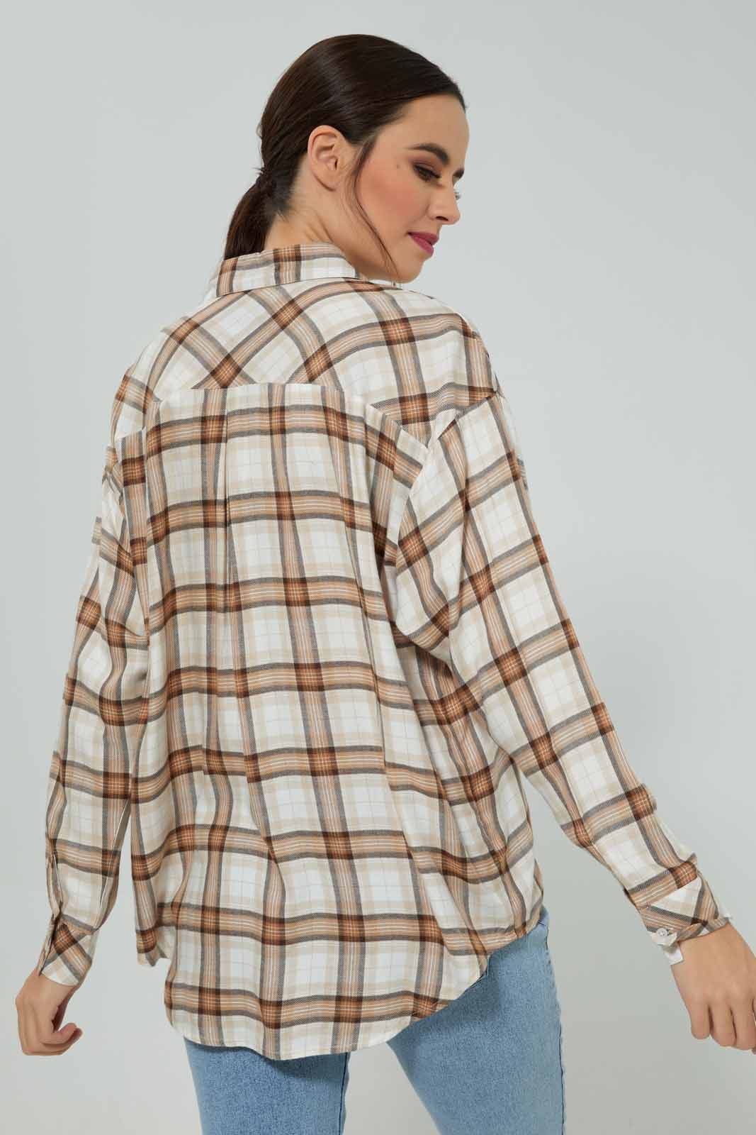 Redtag-Women-Beige-Collared-Check-Shirt-Category:Blouses,-Colour:Beige,-Deals:New-In,-Filter:Women's-Clothing,-New-In-Women-APL,-Non-Sale,-Section:Women,-W22B,-Women-Blouses-Women's-