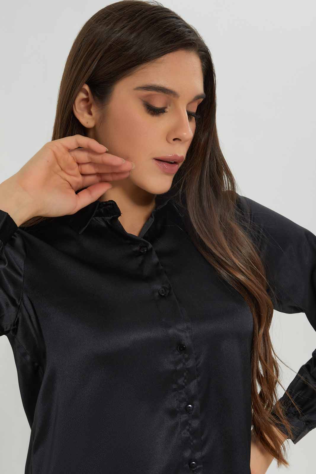 Redtag-Women-Black-Satin-Shirt-Category:Blouses,-Colour:Black,-Deals:New-In,-Dept:Ladieswear,-Filter:Women's-Clothing,-New-In-Women-APL,-Non-Sale,-Section:Women,-W22B,-Women-Blouses-Women's-