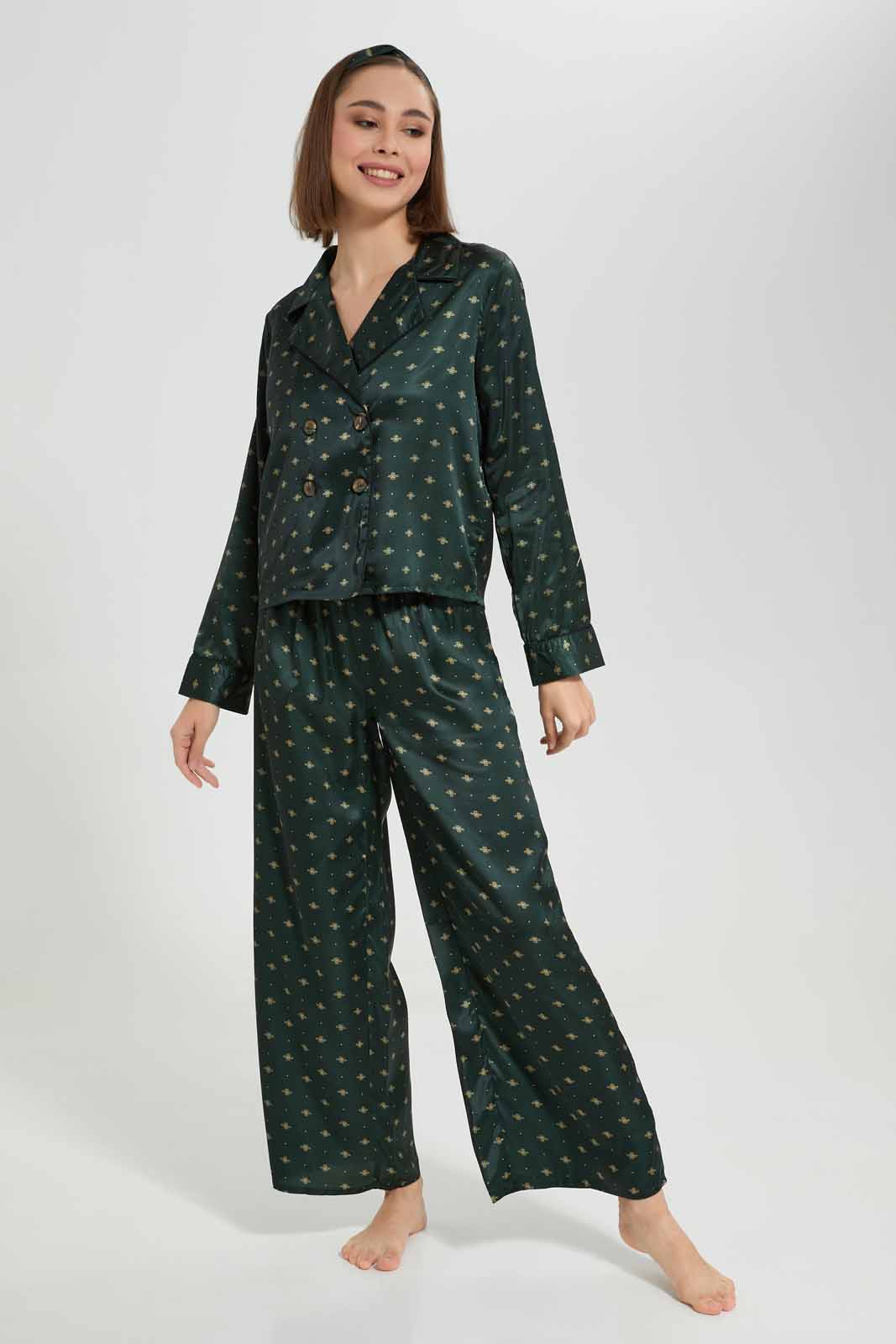 Redtag-Women-Green-Satin-Aop-Pjs-With-Headband-Category:Pyjama-Sets,-Colour:Green,-Deals:New-In,-Filter:Women's-Clothing,-New-In-Women-APL,-Non-Sale,-Section:Women,-W22A,-Women-Pyjama-Sets--