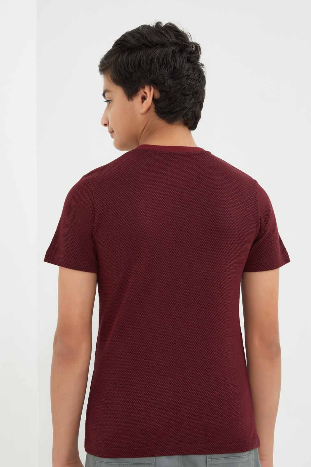 Redtag-Boys-Burgundy-Plain-Jacquard-Tee-BSR-T-Shirts,-Category:T-Shirts,-Colour:Burgundy,-Deals:New-In,-Filter:Senior-Boys-(8-to-14-Yrs),-New-In-BSR-APL,-Non-Sale,-Section:Boys-(0-to-14Yrs),-W22B-Senior-Boys-9 to 14 Years