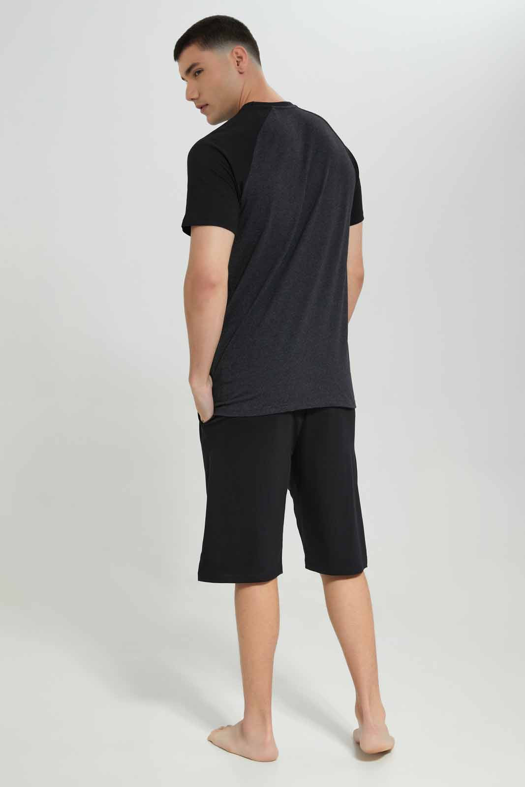 Redtag-Men-Grey-T_Shirt-With-Black-Shorts-Pyjama-Set-Category:Pyjama-Sets,-Colour:Charcoal,-Deals:New-In,-Filter:Men's-Clothing,-Men-Pyjama-Sets,-New-In-Men-APL,-Non-Sale,-Section:Men,-W22B-Men's-