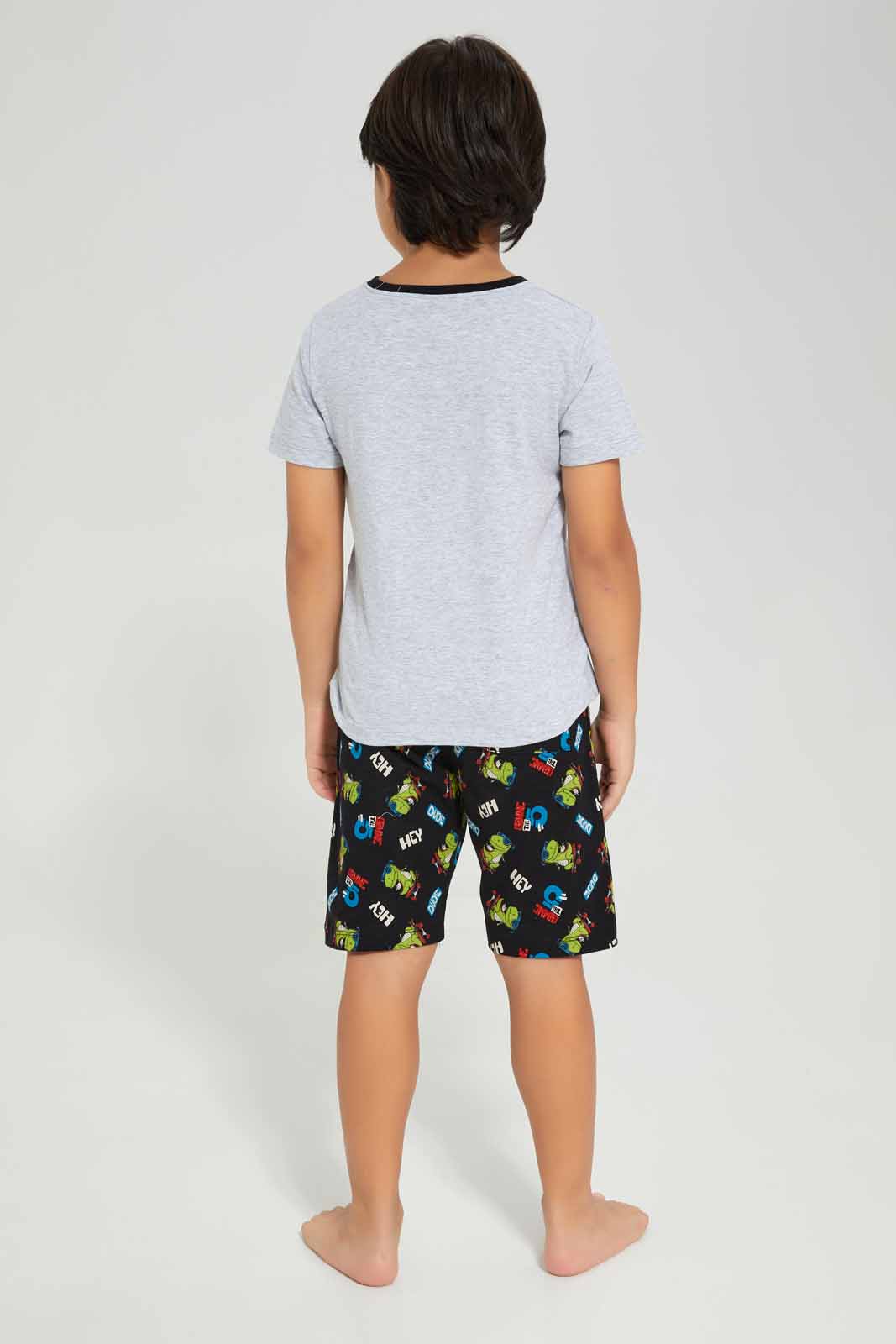 Redtag-Boys-Grey-Dinosaur-Print-T-Shirt-And-Shorts-Pyjama-Set-BOY-Pyjama-Sets,-Category:Pyjama-Sets,-Colour:Grey,-Deals:New-In,-Filter:Boys-(2-to-8-Yrs),-New-In-BOY-APL,-Non-Sale,-Section:Boys-(0-to-14Yrs),-W22A-Boys-2 to 8 Years