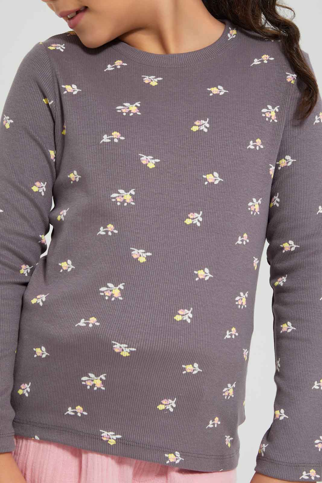 Redtag-Girls-Ls-Rib-Floral-Print-Tee-Brown-Category:T-Shirts,-Colour:Brown,-Deals:New-In,-Dept:Girls,-Filter:Girls-(2-to-8-Yrs),-GIR-T-Shirts,-New-In-GIR-APL,-Non-Sale,-Section:Girls-(0-to-14Yrs),-TBL,-W22B-Girls-2 to 8 Years