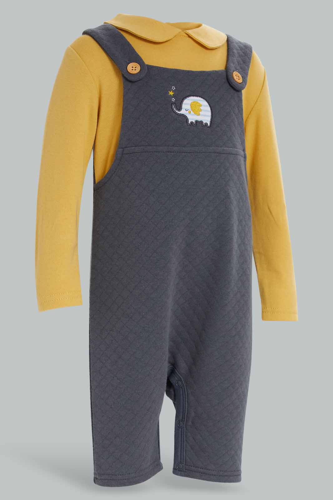 Redtag-Boys-Charcoal-Sc-Inerlock-Dungaree-Set-Grey-Category:Rompers,-Colour:Assorted,-Deals:New-In,-Dept:New-Born,-Filter:Baby-(0-to-12-Mths),-NBB-Rompers,-New-In-NBB-APL,-Non-Sale,-Section:Boys-(0-to-14Yrs),-W22B-Baby-