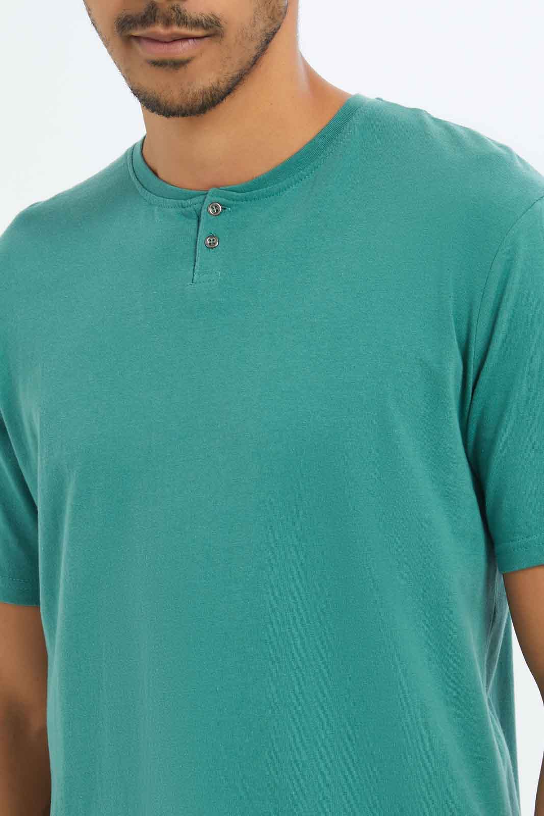 Redtag-Men-Saga-Green-Henley-T-Shirt-Category:T-Shirts,-Colour:Green,-Deals:New-In,-Dept:Menswear,-Filter:Men's-Clothing,-Men-T-Shirts,-New-In-Men-APL,-Non-Sale,-S23B,-Section:Men,-TBL-Men's-